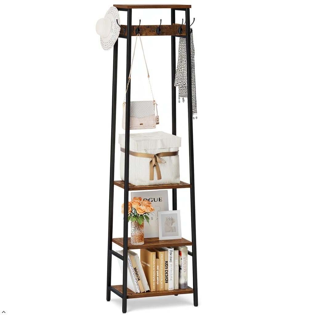 Coat Rack Freestanding, Coat Stand with 3 Shelves and 7 Hooks, Hall Tree Free Standing, Clothes Rack Stand Organizer, Industrial Style, Rustic Brown and Black