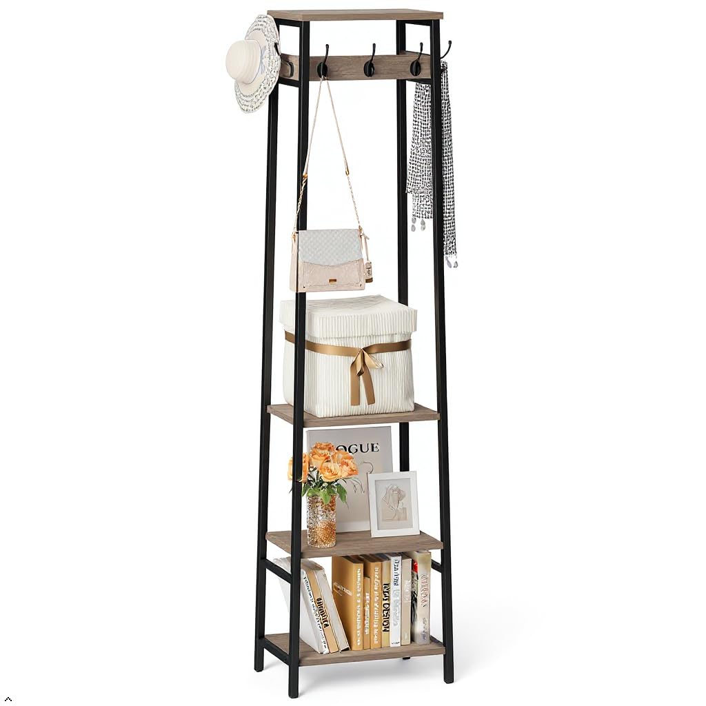 Coat Rack Freestanding, Coat Stand with 3 Shelves and 7 Hooks, Hall Tree Free Standing, Clothes Rack Stand Organizer, Industrial Style, Rustic Brown and Black
