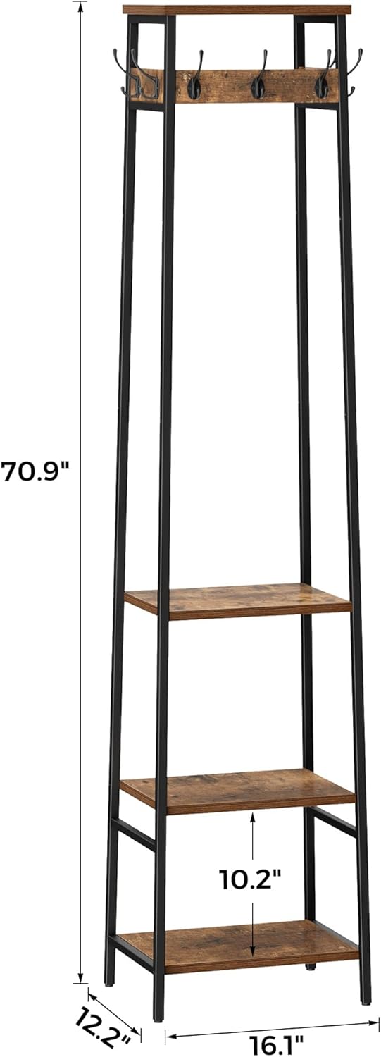 Coat Rack Freestanding, Coat Stand with 3 Shelves and 7 Hooks, Hall Tree Free Standing, Clothes Rack Stand Organizer, Industrial Style, Rustic Brown and Black
