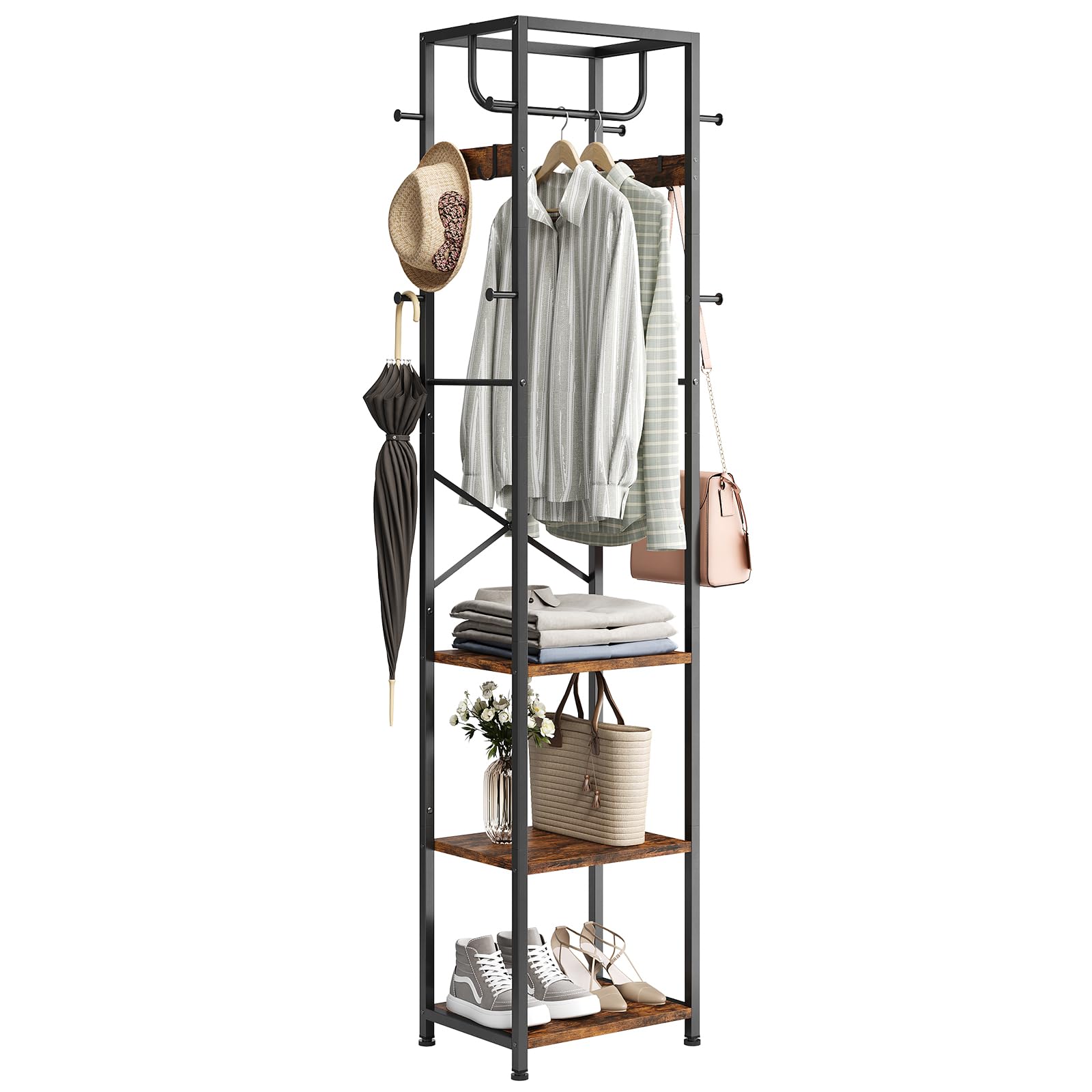 ELYKEN Coat Rack Freestanding, Hall Tree with 3 Storage Shelves and 12 Hooks, Industrial Clothes Rack Stand Organizer for Bedroom, Hallway, Entryway, Office, Living Room, Rustic Brown