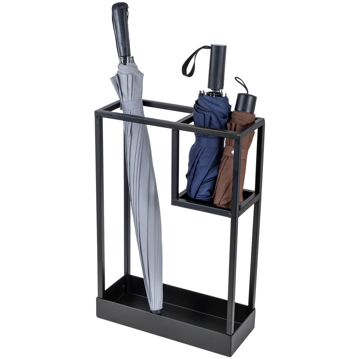 MyGift Umbrella Stand,Umbrella Holder for Entryway,20 Inch Tall Modern Metal Geometric Freestanding Umbrella Rack or Cane Holder with Shelf for Small Umbrellas and Bottom Drip Tray (Black)