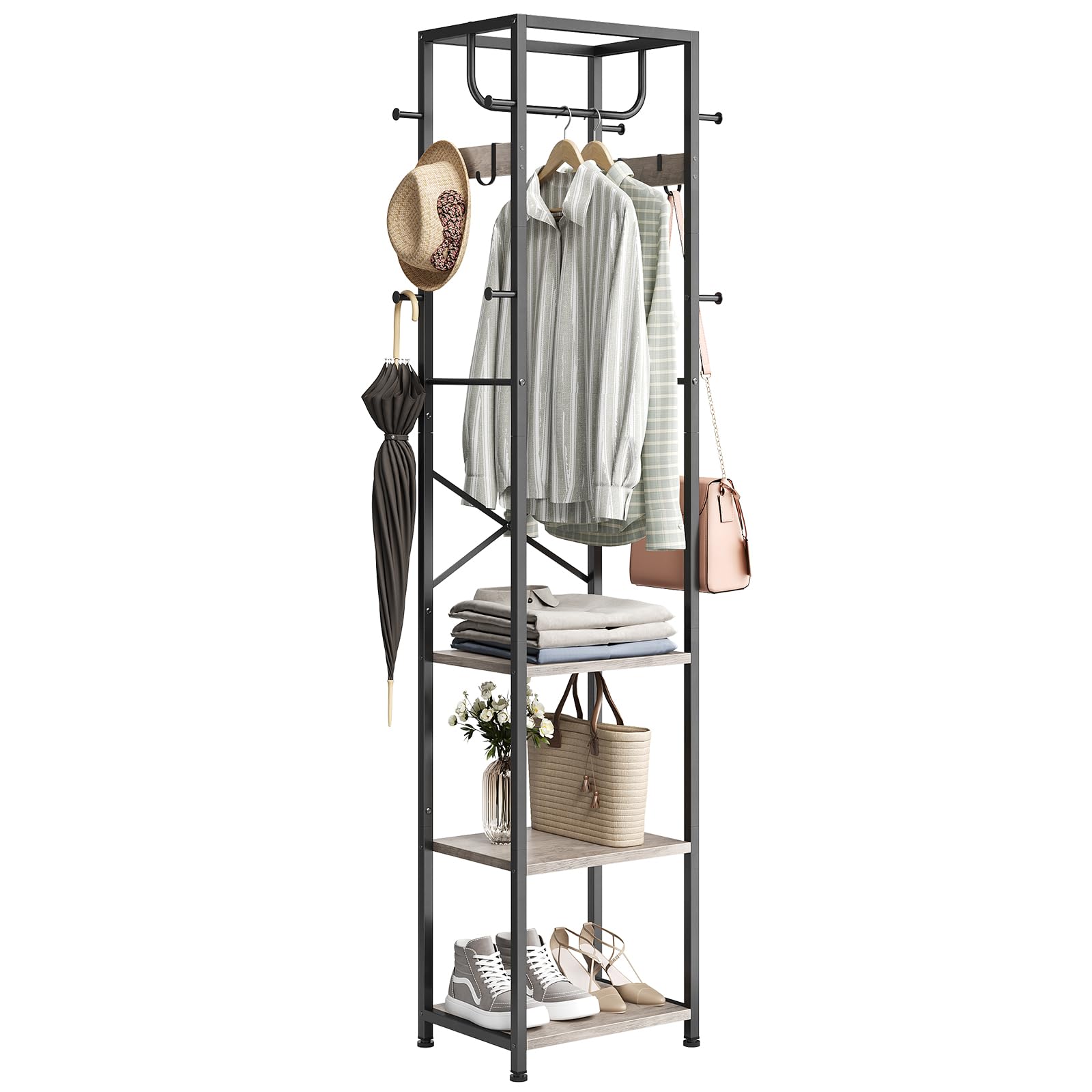 ELYKEN Coat Rack Freestanding, Hall Tree with 3 Storage Shelves and 12 Hooks, Industrial Clothes Rack Stand Organizer for Bedroom, Hallway, Entryway, Office, Living Room, Rustic Brown