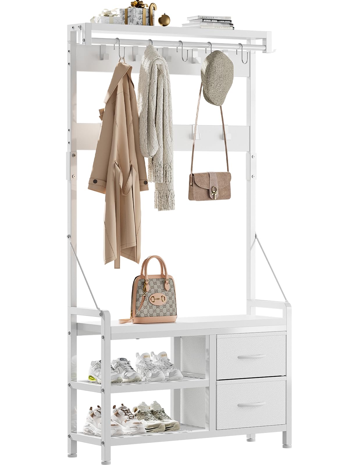 Lulive Hall Tree, 31.5” Entryway Bench with Coat Rack freestanding, 5 in 1 Intelligent Design Shoe Bench and Wall Rack 17 Hooks and Drawers (Rustic Brown)