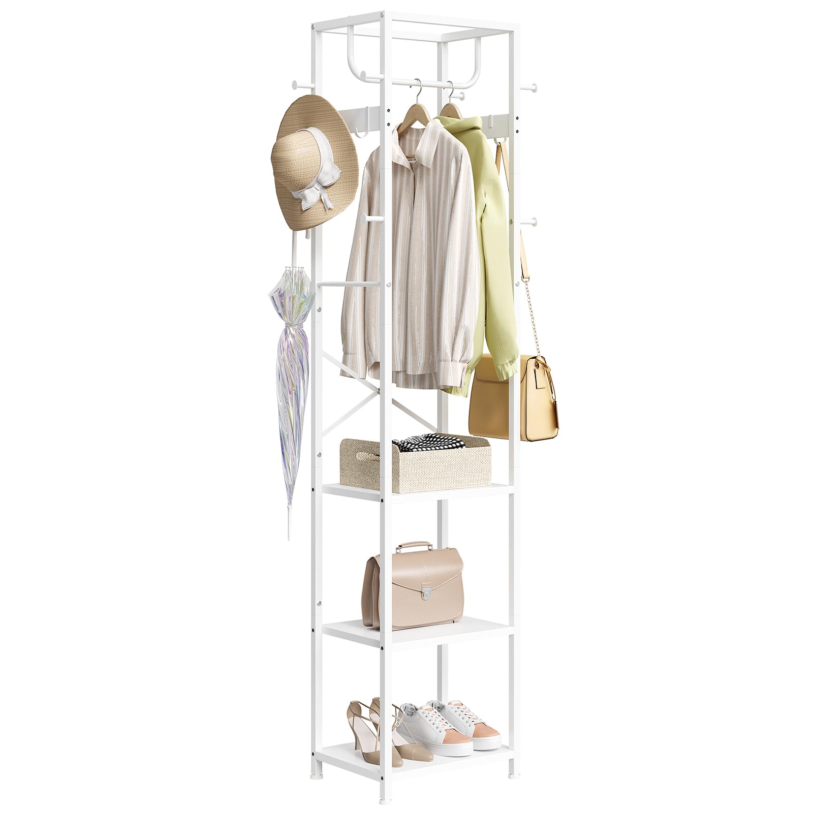 ELYKEN Coat Rack Freestanding, Hall Tree with 3 Storage Shelves and 12 Hooks, Industrial Clothes Rack Stand Organizer for Bedroom, Hallway, Entryway, Office, Living Room, Rustic Brown
