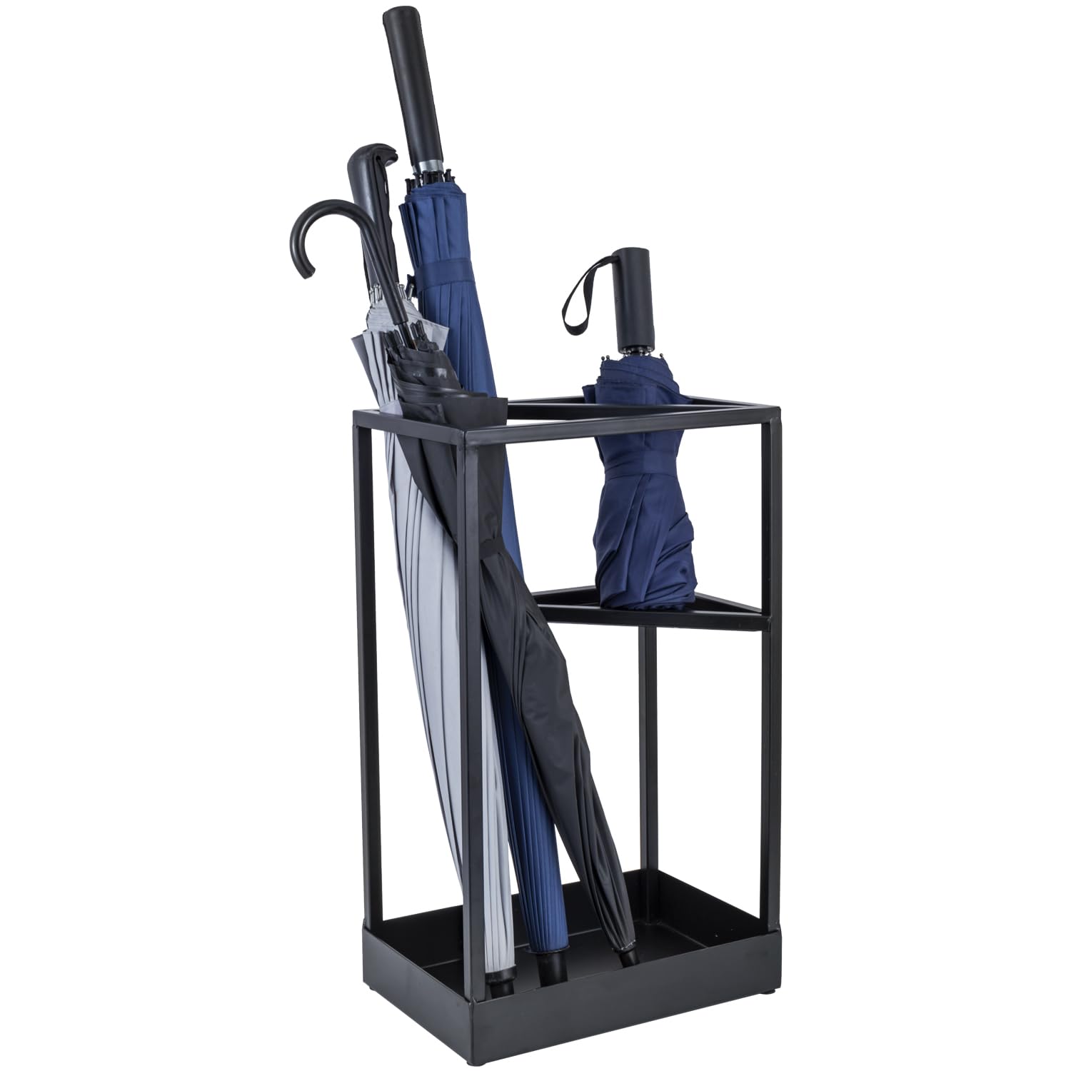 MyGift Umbrella Stand,Umbrella Holder for Entryway,20 Inch Tall Modern Metal Geometric Freestanding Umbrella Rack or Cane Holder with Shelf for Small Umbrellas and Bottom Drip Tray (Black)