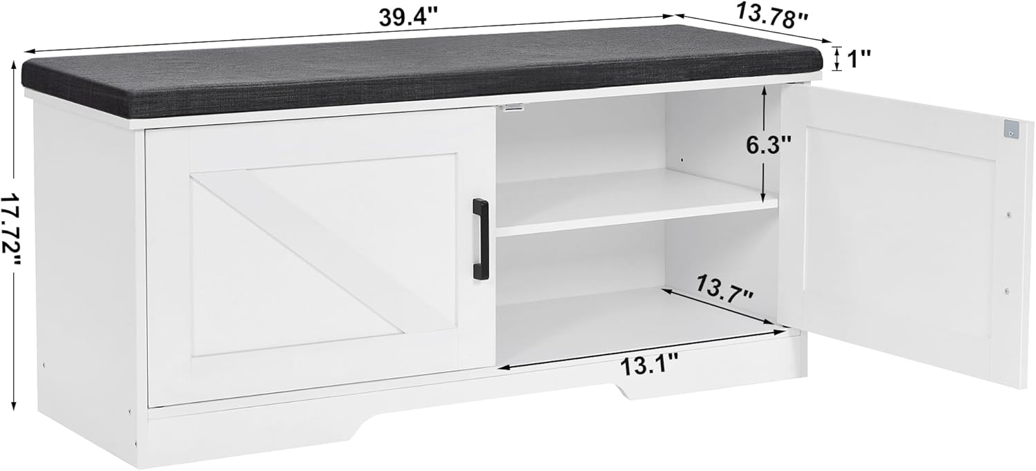 HOMSHO 2-Tier Storage Bench, 39.4" Wide Shoe Bench with Padded Seat Cushion, Entryway Bench with 2 Barn Doors and Adjustable Shelf, White
