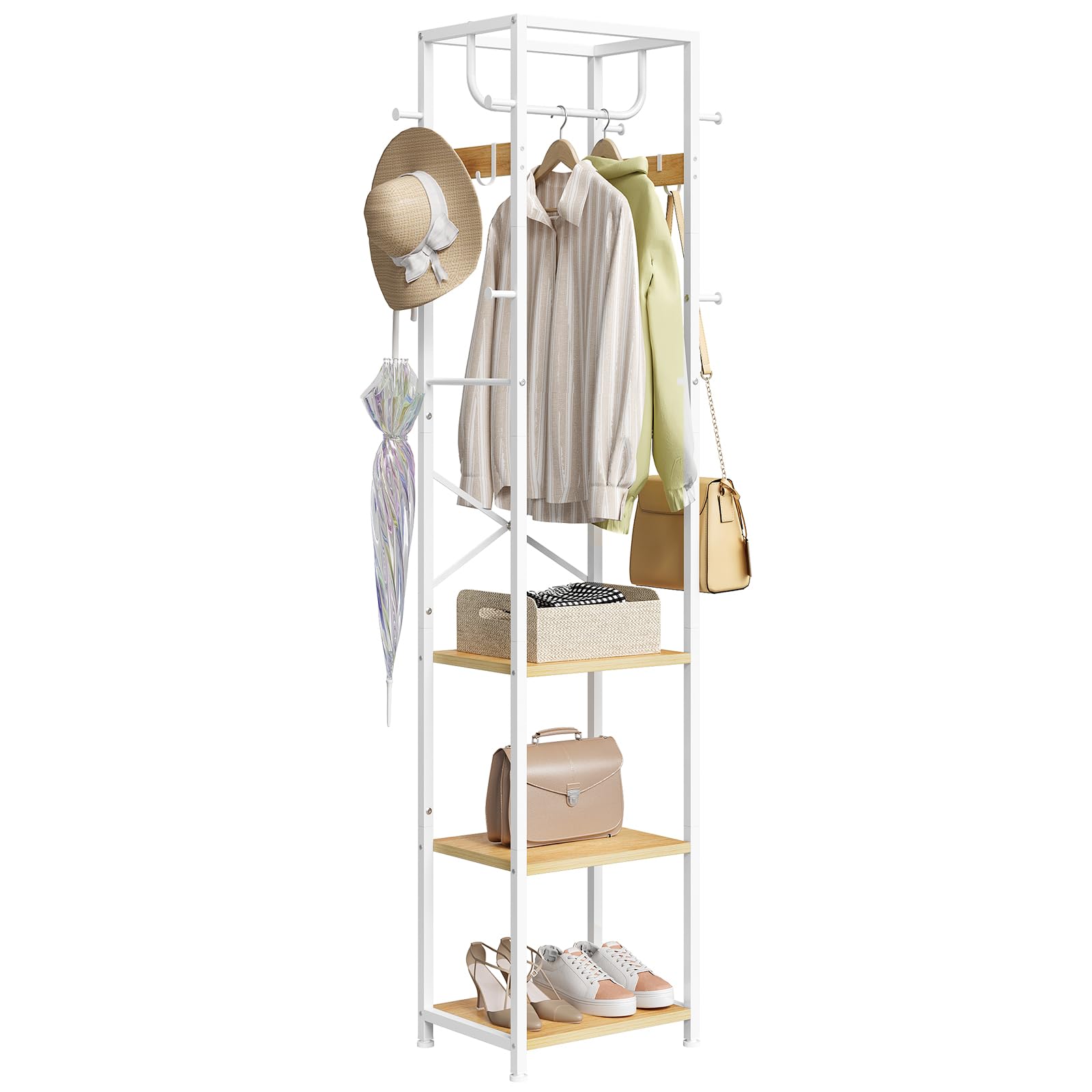 ELYKEN Coat Rack Freestanding, Hall Tree with 3 Storage Shelves and 12 Hooks, Industrial Clothes Rack Stand Organizer for Bedroom, Hallway, Entryway, Office, Living Room, Rustic Brown