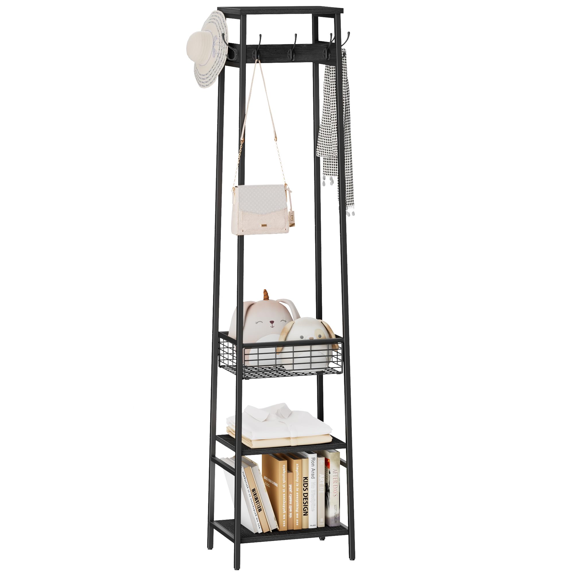 Coat Rack Freestanding, Coat Stand with 3 Shelves and 7 Hooks, Hall Tree Free Standing, Clothes Rack Stand Organizer, Industrial Style, Rustic Brown and Black