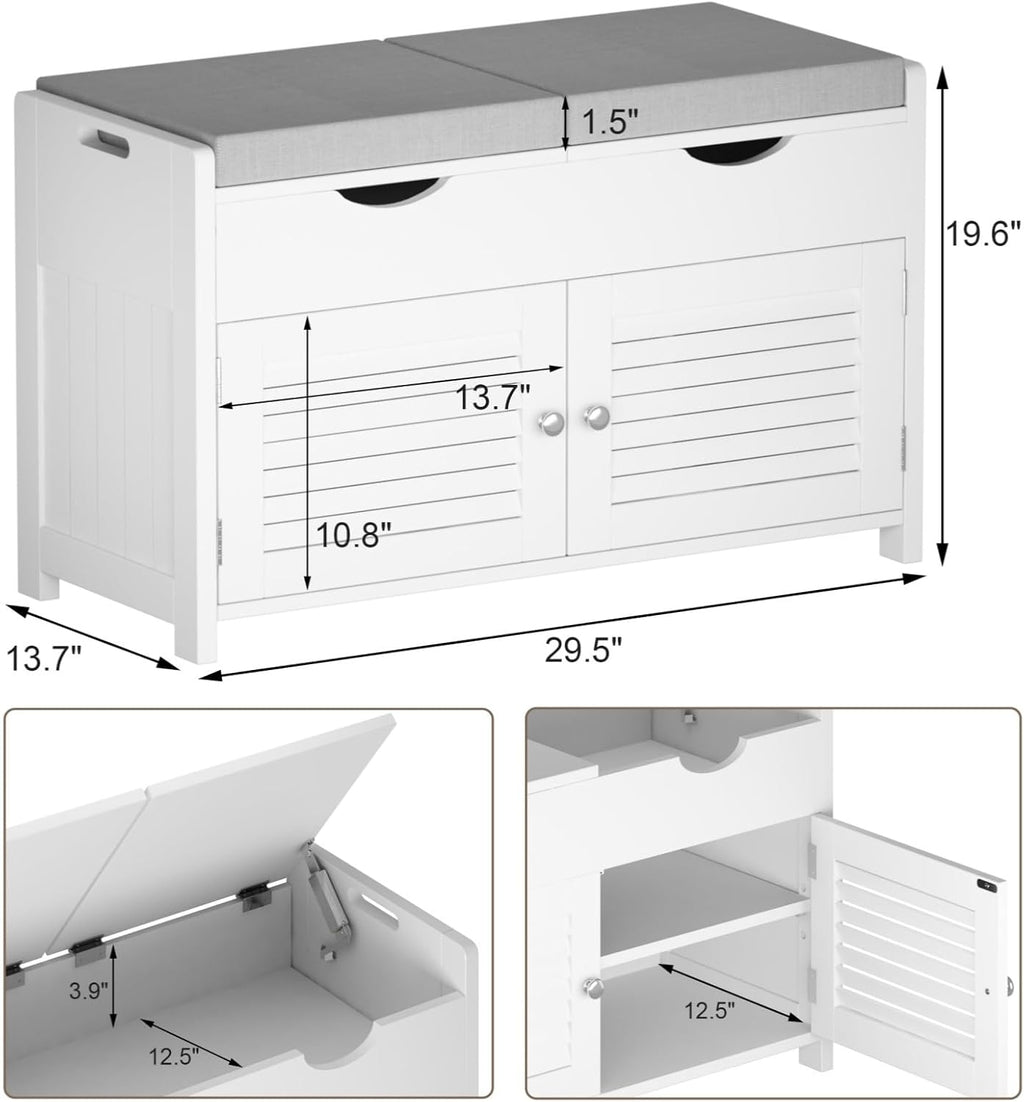 ChooChoo Shoe Storage Bench with Lift Top Storage, Entryway Bench with 2 Cushioned Seats, 3 Compartments, Adjustable Shelf, Shoe Cabinet for Entryway, Bedroom, Living Room, White