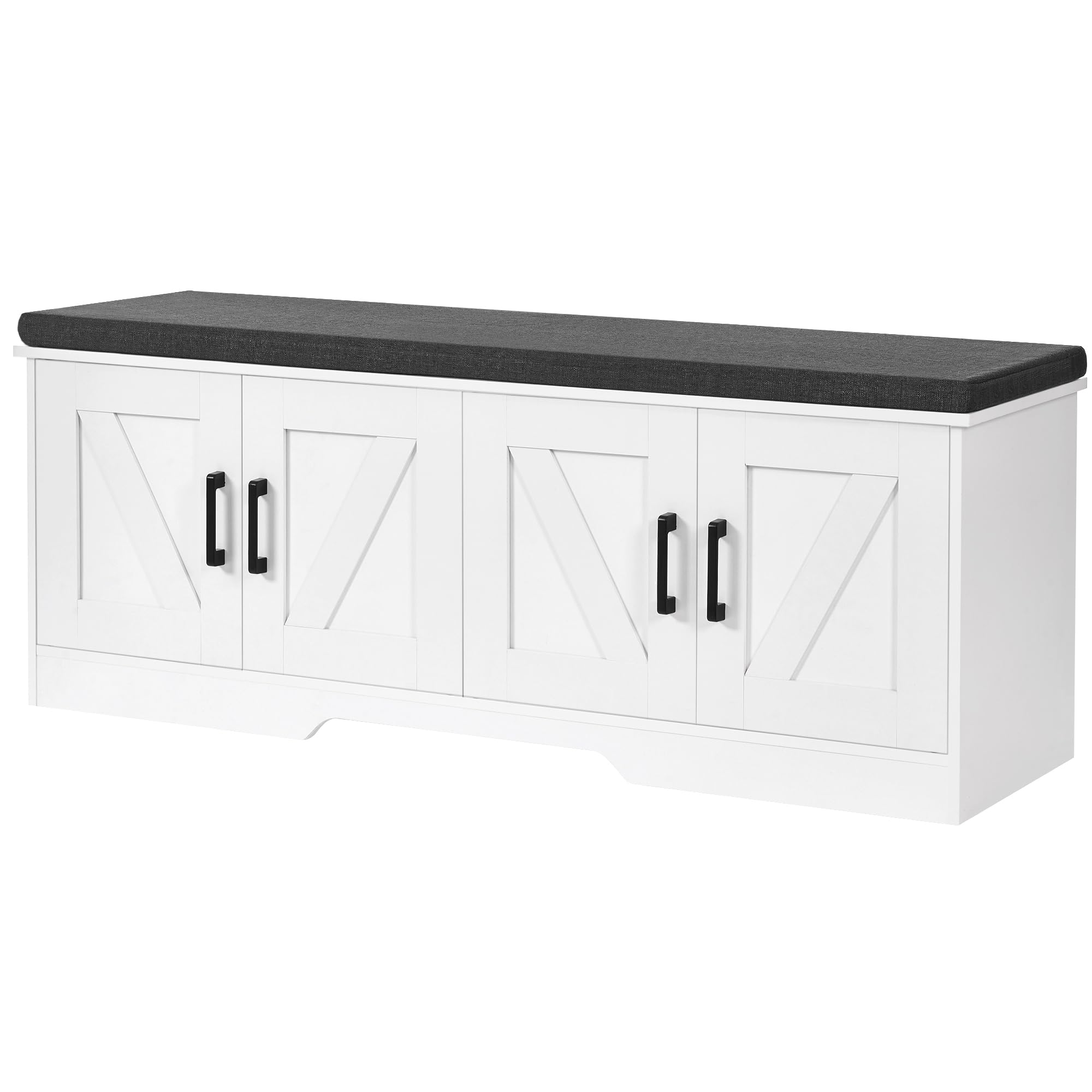 HOMSHO 2-Tier Storage Bench, 39.4" Wide Shoe Bench with Padded Seat Cushion, Entryway Bench with 2 Barn Doors and Adjustable Shelf, White