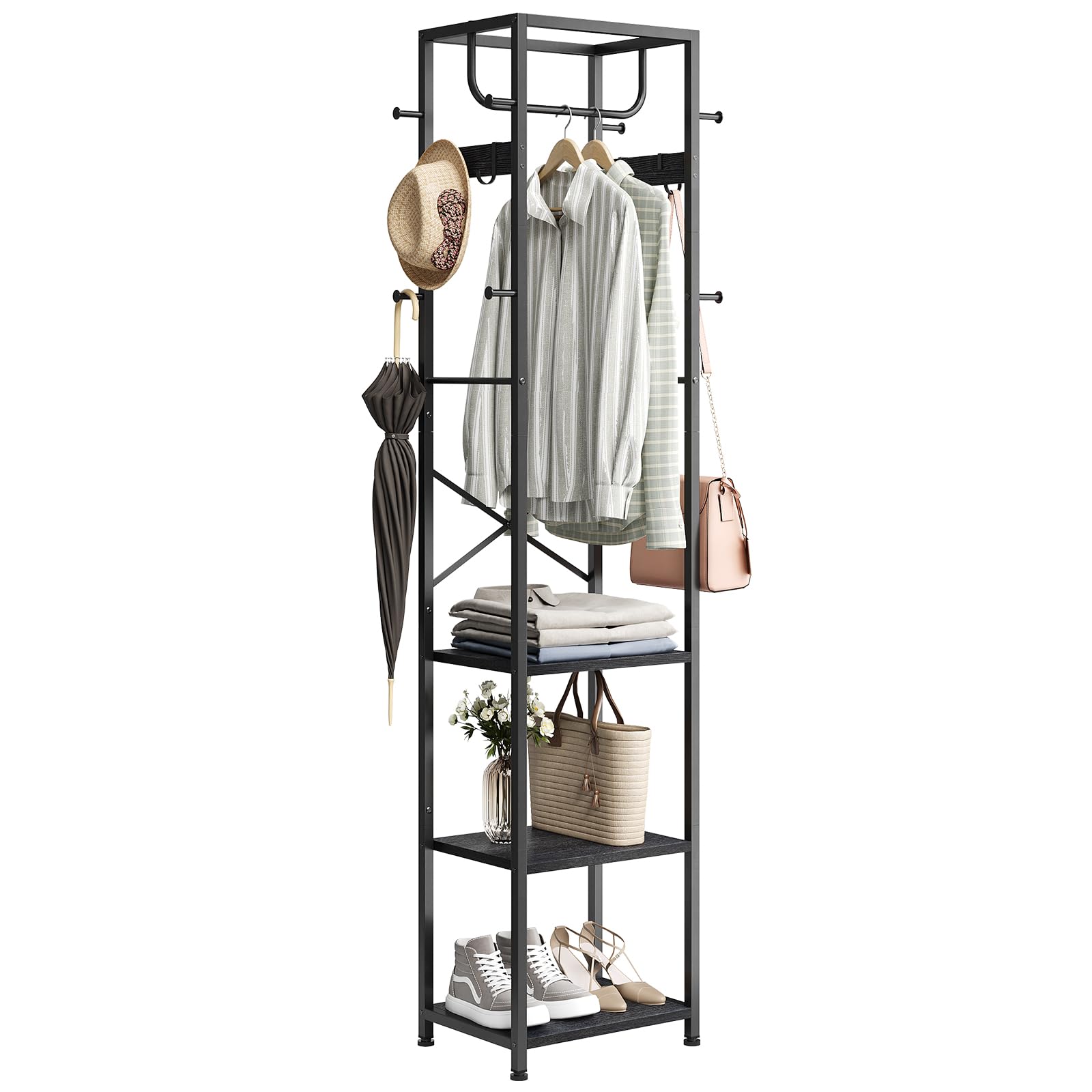 ELYKEN Coat Rack Freestanding, Hall Tree with 3 Storage Shelves and 12 Hooks, Industrial Clothes Rack Stand Organizer for Bedroom, Hallway, Entryway, Office, Living Room, Rustic Brown