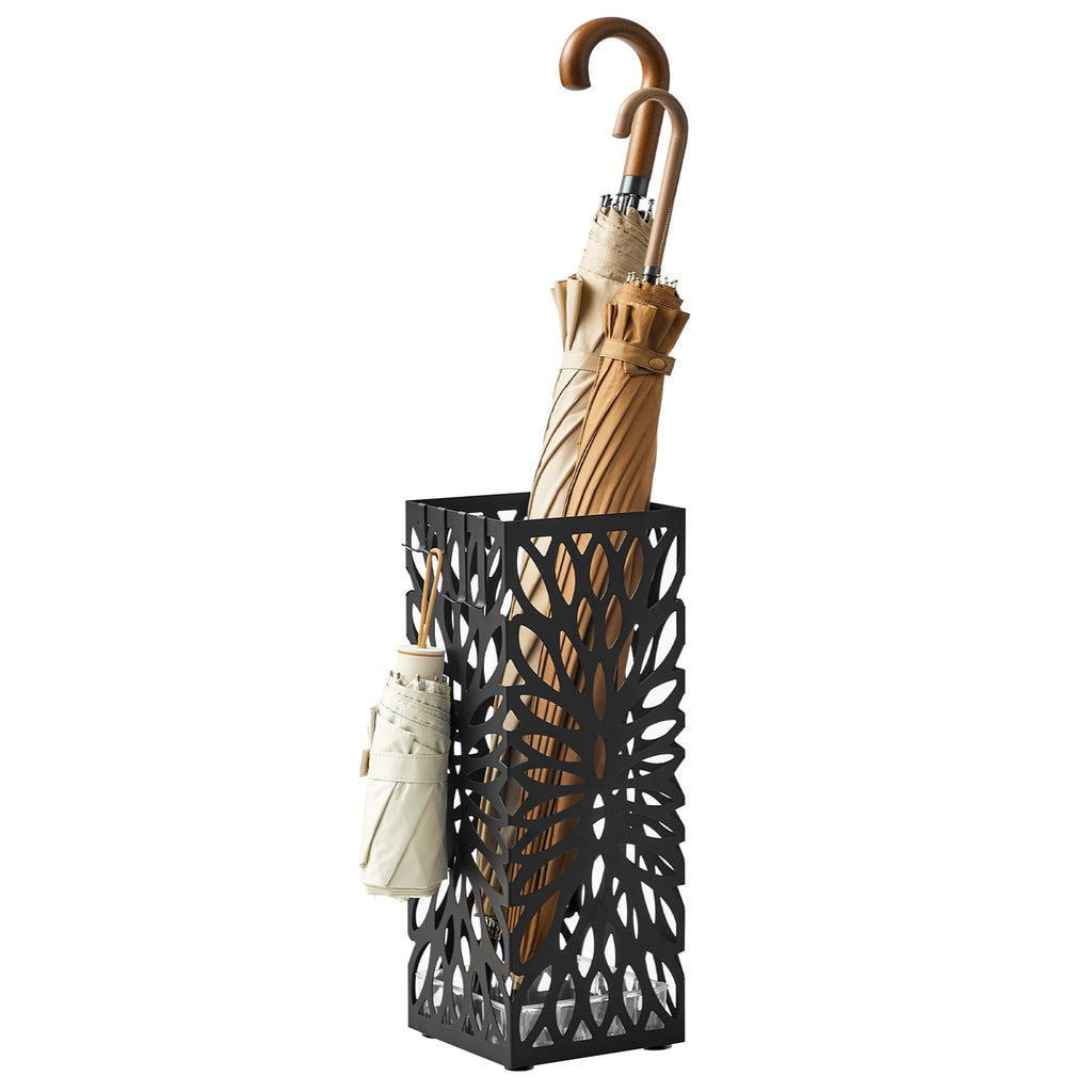 SONGMICS Umbrella Stand, Umbrella Holder for Entryway, Steel Square Umbrella Rack Organizer Freestanding, for Canes Walking Sticks, with a Detachable Drip Tray, 4 Hooks, Black ULUC48B