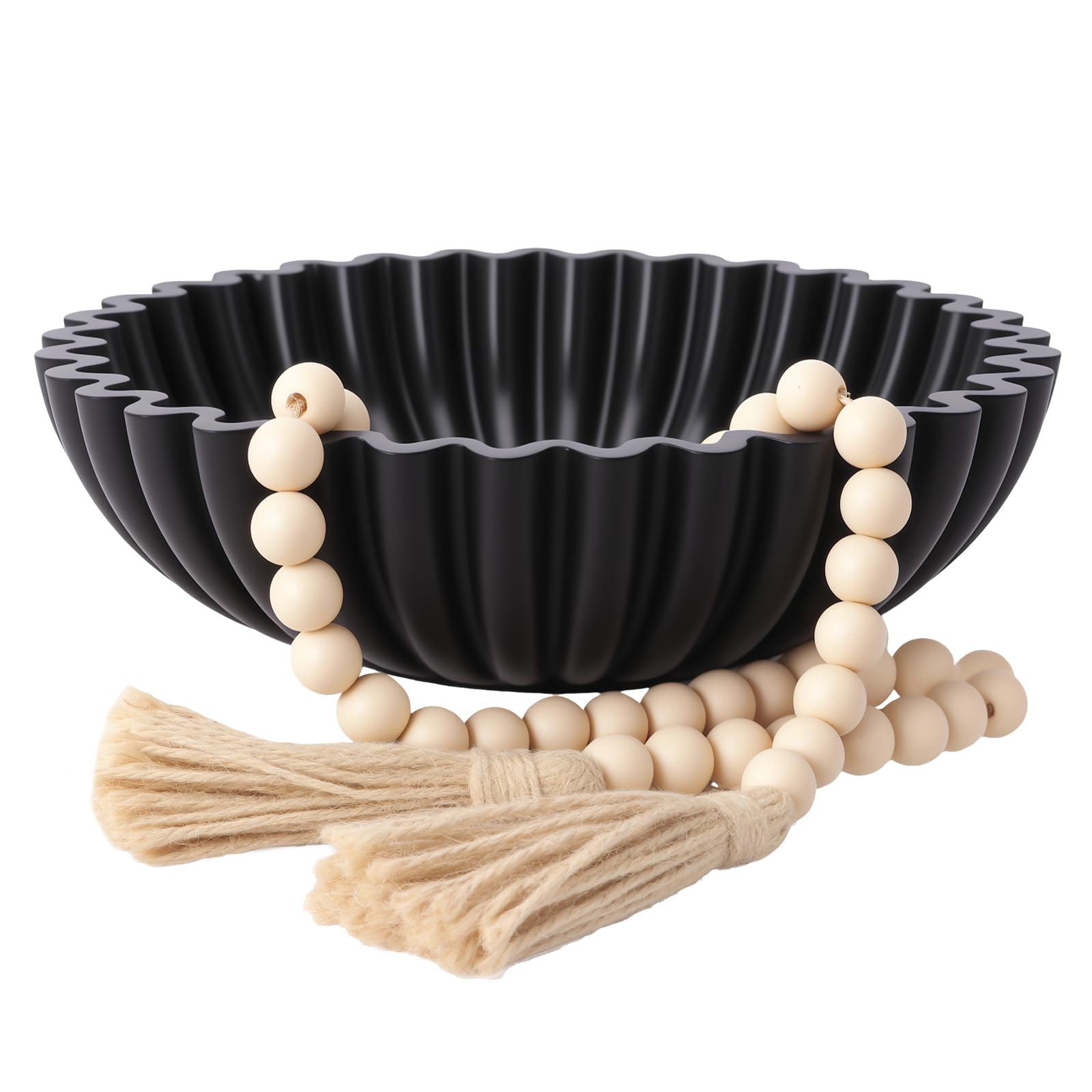 Decorative Bowl With Beads for Home Decor - Large Decorative Fruit Bowls for Candy - Scalloped Ruffle Centerpiece key Bowl - Morden Round 10" Aesthetic Coffee Entry Table Decor (White)