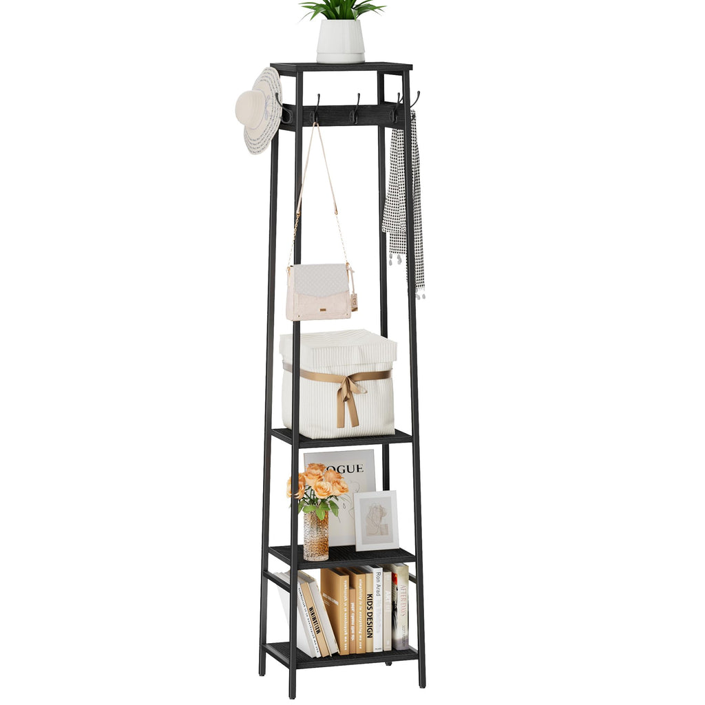 Coat Rack Freestanding, Coat Stand with 3 Shelves and 7 Hooks, Hall Tree Free Standing, Clothes Rack Stand Organizer, Industrial Style, Rustic Brown and Black