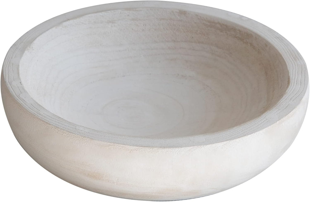 COLLECTIVE HOME - Paulownia Wood Hand Carved Tray, Fruit Snack Holder, Decorative Bowl, Rustic Home Decor Accessories for Coffee Table, Living Room, Wedding Centerpiece, 10" (washed white)