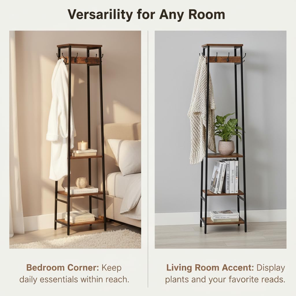 Coat Rack Freestanding, Coat Stand with 3 Shelves and 7 Hooks, Hall Tree Free Standing, Clothes Rack Stand Organizer, Industrial Style, Rustic Brown and Black