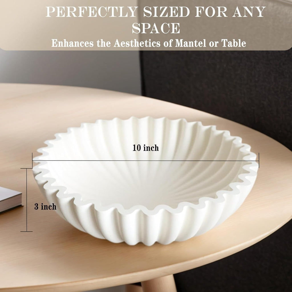 Decorative Bowl With Beads for Home Decor - Large Decorative Fruit Bowls for Candy - Scalloped Ruffle Centerpiece key Bowl - Morden Round 10" Aesthetic Coffee Entry Table Decor (White)