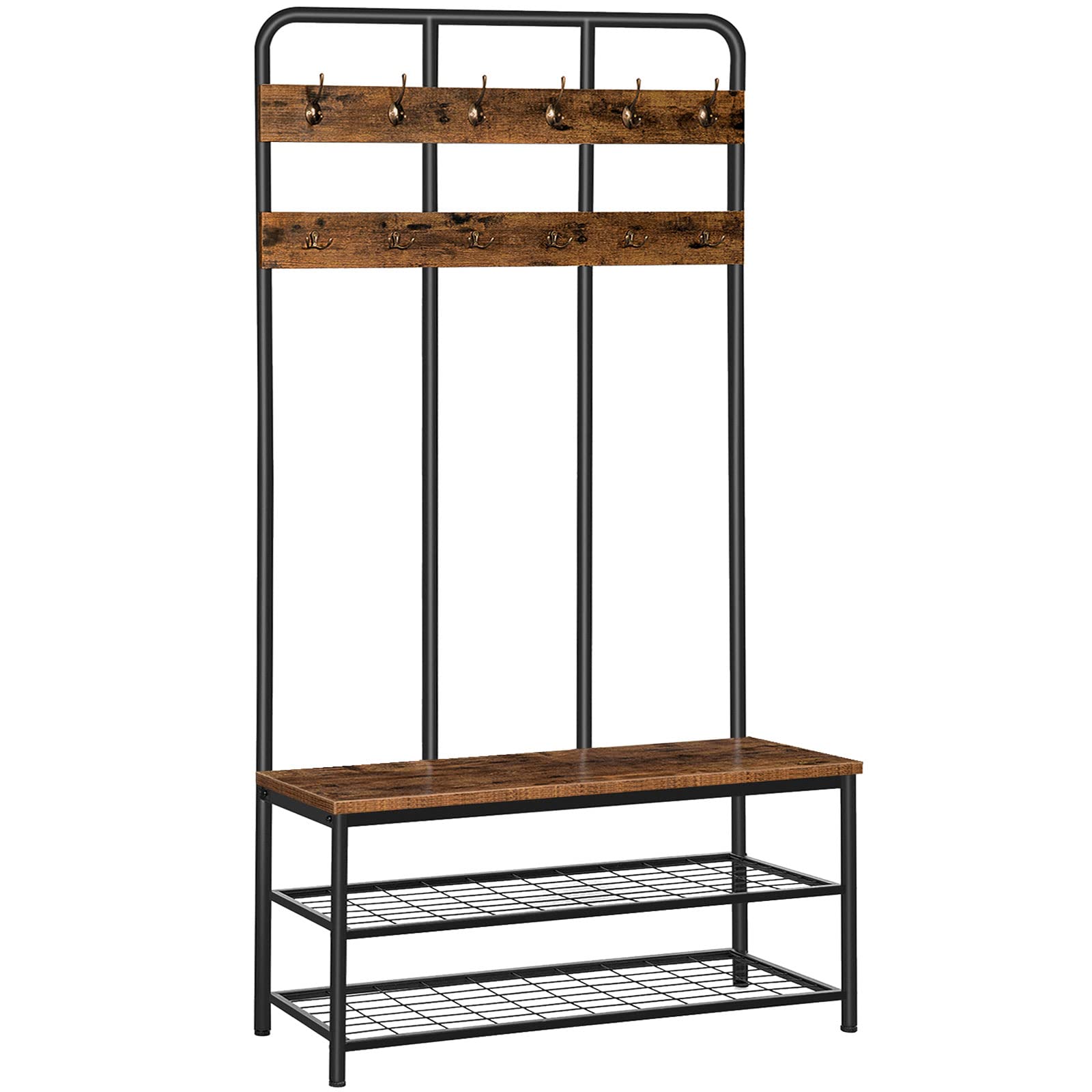 HOOBRO Hall Tree with Bench, Entryway Bench with Coat Rack, Mud Room Rack with 12 Double Hooks and Shoe Storage, Coat Tree, Shoe Rack Organizer, for Foyer, Front Door, Rustic Brown BF05MT01