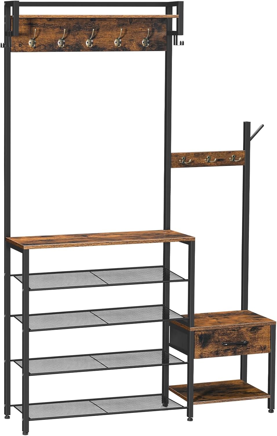 HOOBRO Hall Tree, Entryway Coat Rack Shoe Bench, Shoe and Coat Rack for Entryway, Hall Tree Coat Rack, with Non-Woven Fabric Drawer, for Entrance, Foyer, Rustic Brown and Black BF113MT01