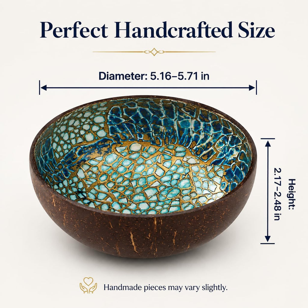 ChezMax Natural Coconut Bowl with Mother of Pearl Inlays - Key Bowl & Fruit Snack Holder (Blue-Gold)