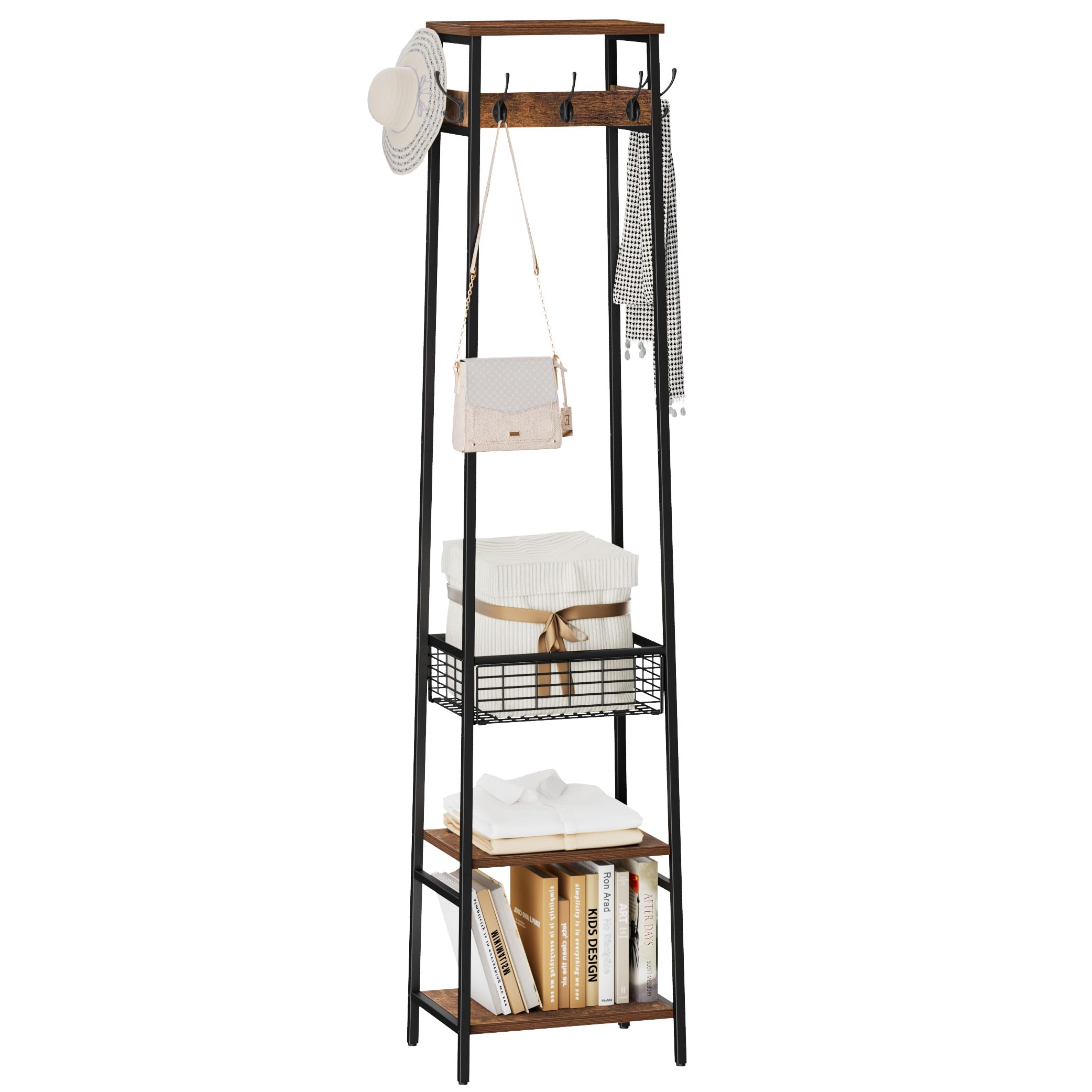 Coat Rack Freestanding, Coat Stand with 3 Shelves and 7 Hooks, Hall Tree Free Standing, Clothes Rack Stand Organizer, Industrial Style, Rustic Brown and Black