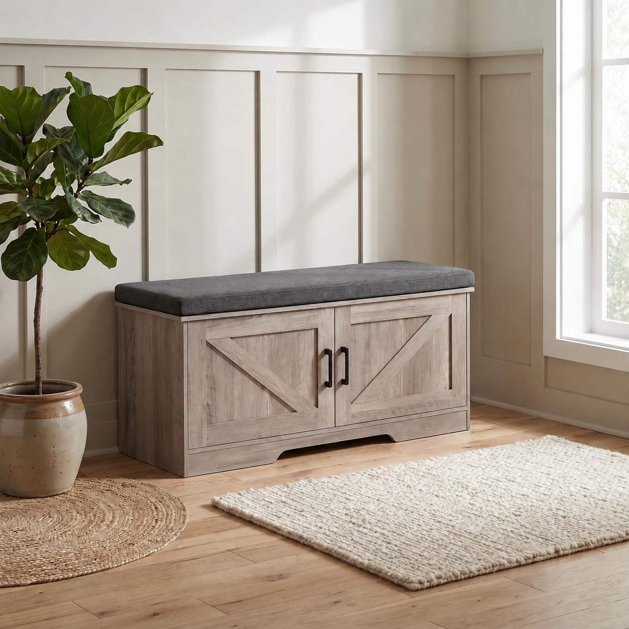 HOMSHO 2-Tier Storage Bench, 39.4" Wide Shoe Bench with Padded Seat Cushion, Entryway Bench with 2 Barn Doors and Adjustable Shelf, White