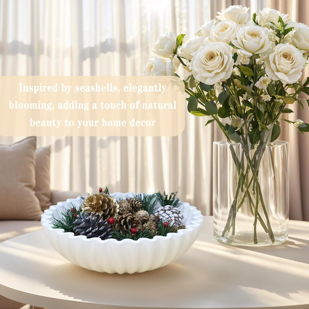 Decorative Bowl With Beads for Home Decor - Large Decorative Fruit Bowls for Candy - Scalloped Ruffle Centerpiece key Bowl - Morden Round 10" Aesthetic Coffee Entry Table Decor (White)