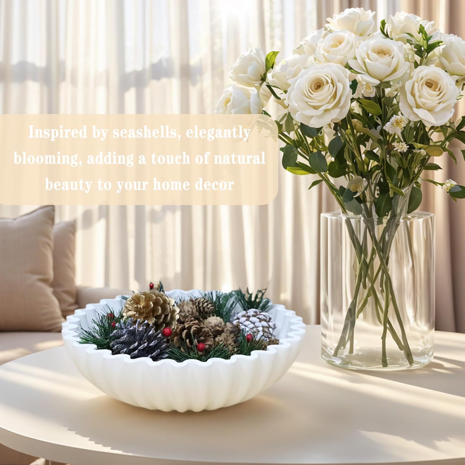Decorative Bowl With Beads for Home Decor - Large Decorative Fruit Bowls for Candy - Scalloped Ruffle Centerpiece key Bowl - Morden Round 10" Aesthetic Coffee Entry Table Decor (White)