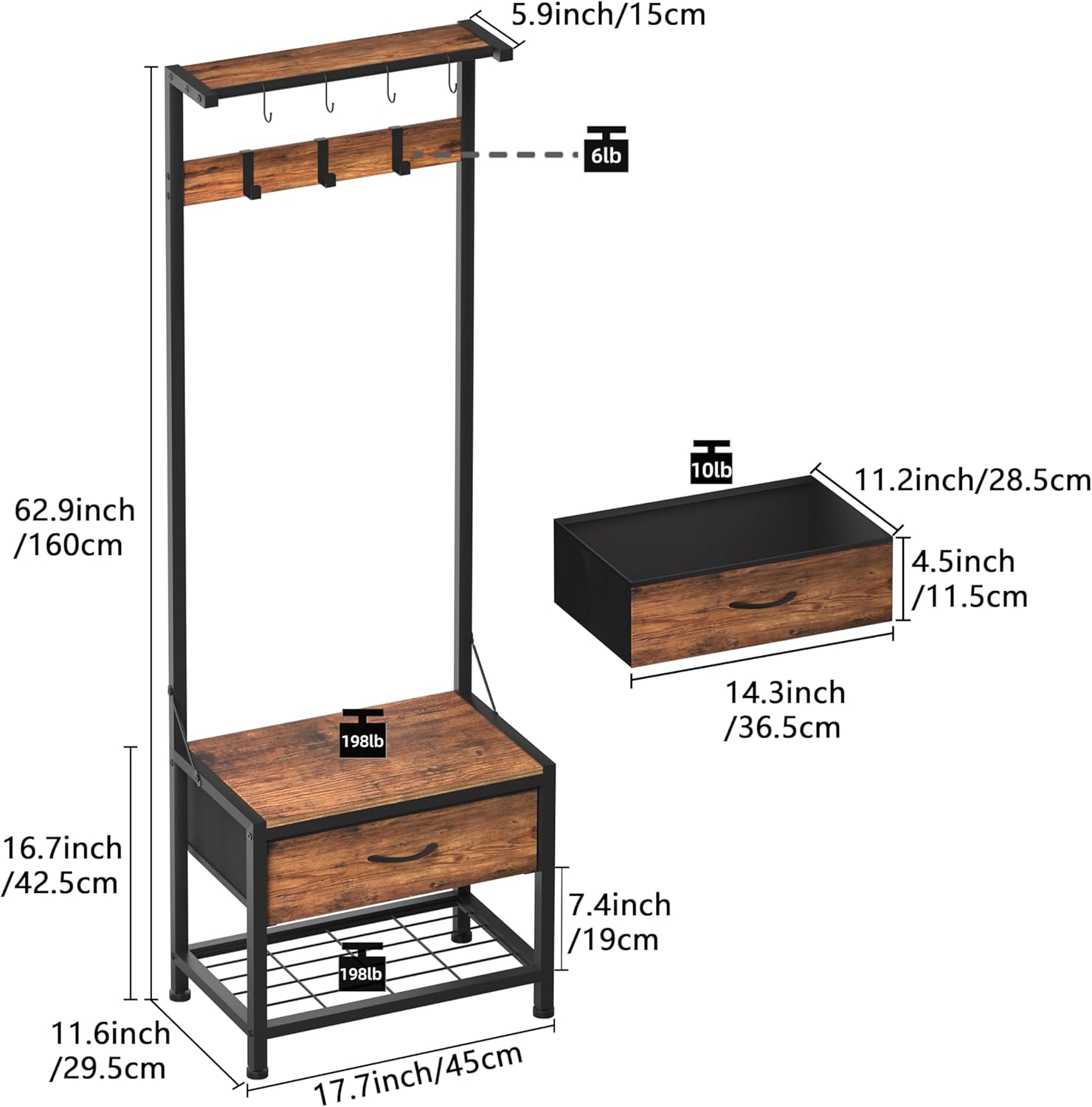 LUMTOK Hall Tree with Shoes Bench, Small Coat Rack with Fabirc Drawer and Shelf for Bedroom, 4-in-1 Entryway Organizer with Shoes Stool for Living Room, Entryway, Closets (Rustic Brown) (Brown, Small)