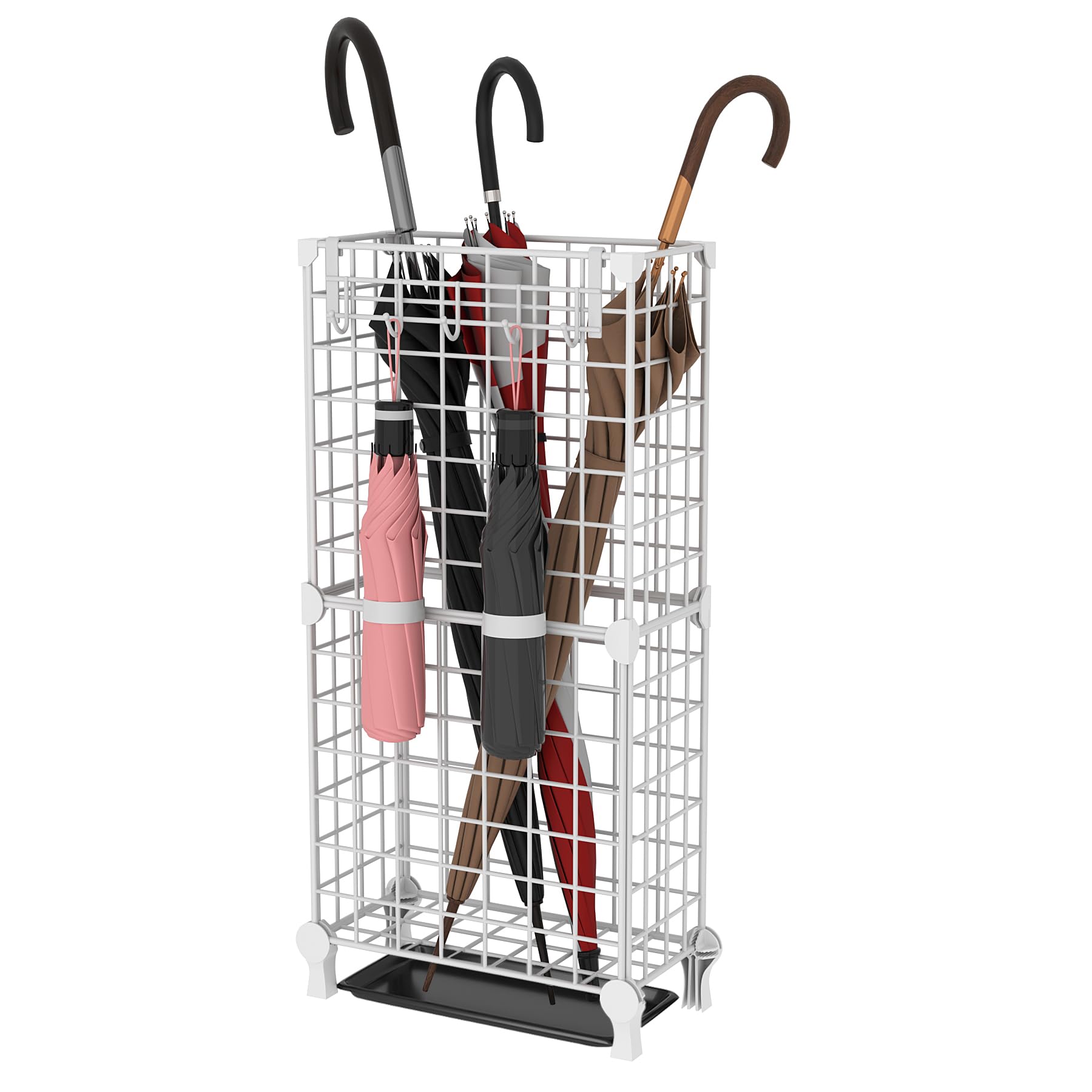 AWTATOS Umbrella Holder Entryway, Umbrella Stand Freestanding, Metal Square Umbrella Rack Organizer with a Removable Drip Tray, Hooks, Black