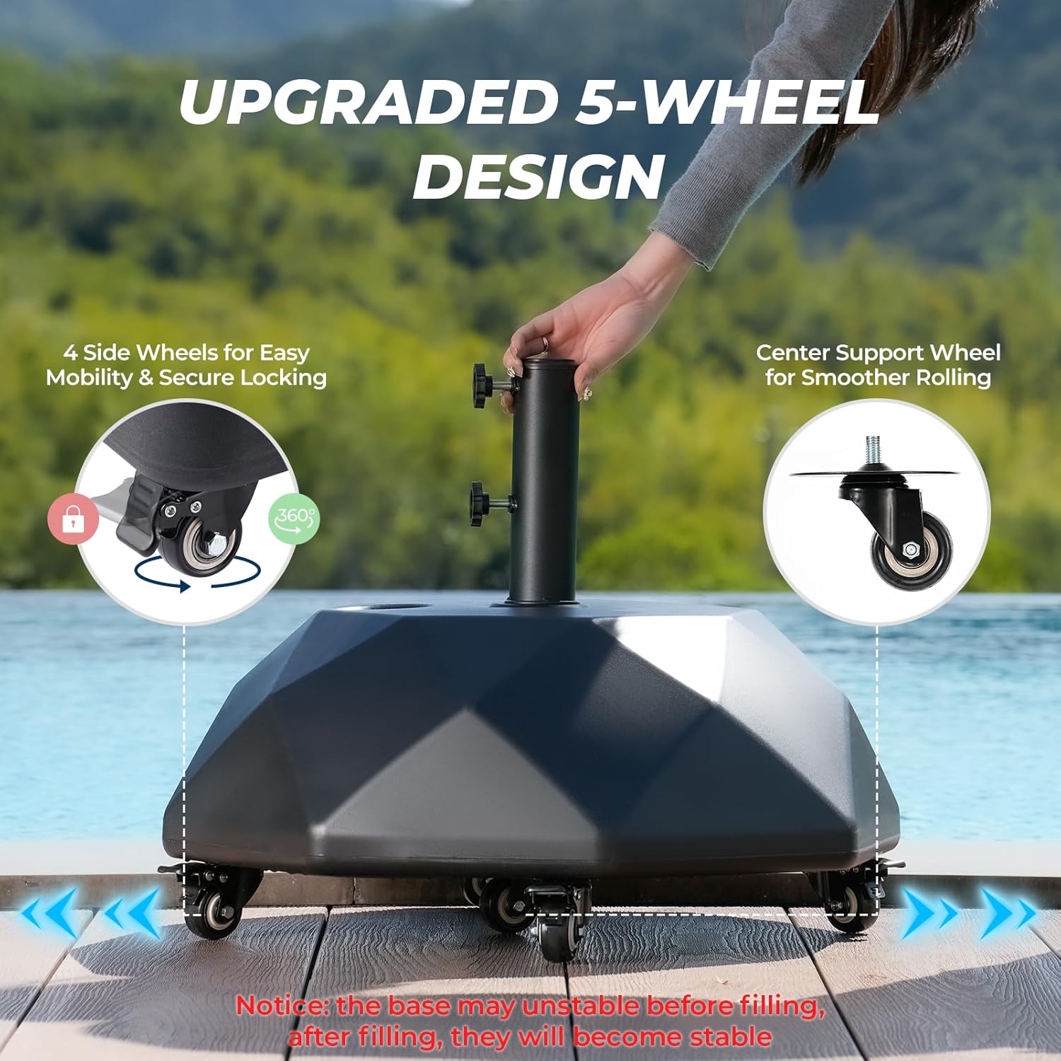HOMSHADE H16 Patio Umbrella Stand Base with 5 Wheels - 127lbs Heavy Duty Rolling Weights Outdoor Market Umbrella Base, Refillable High-Density HDPE Materia Weights Stand for Outside Patio