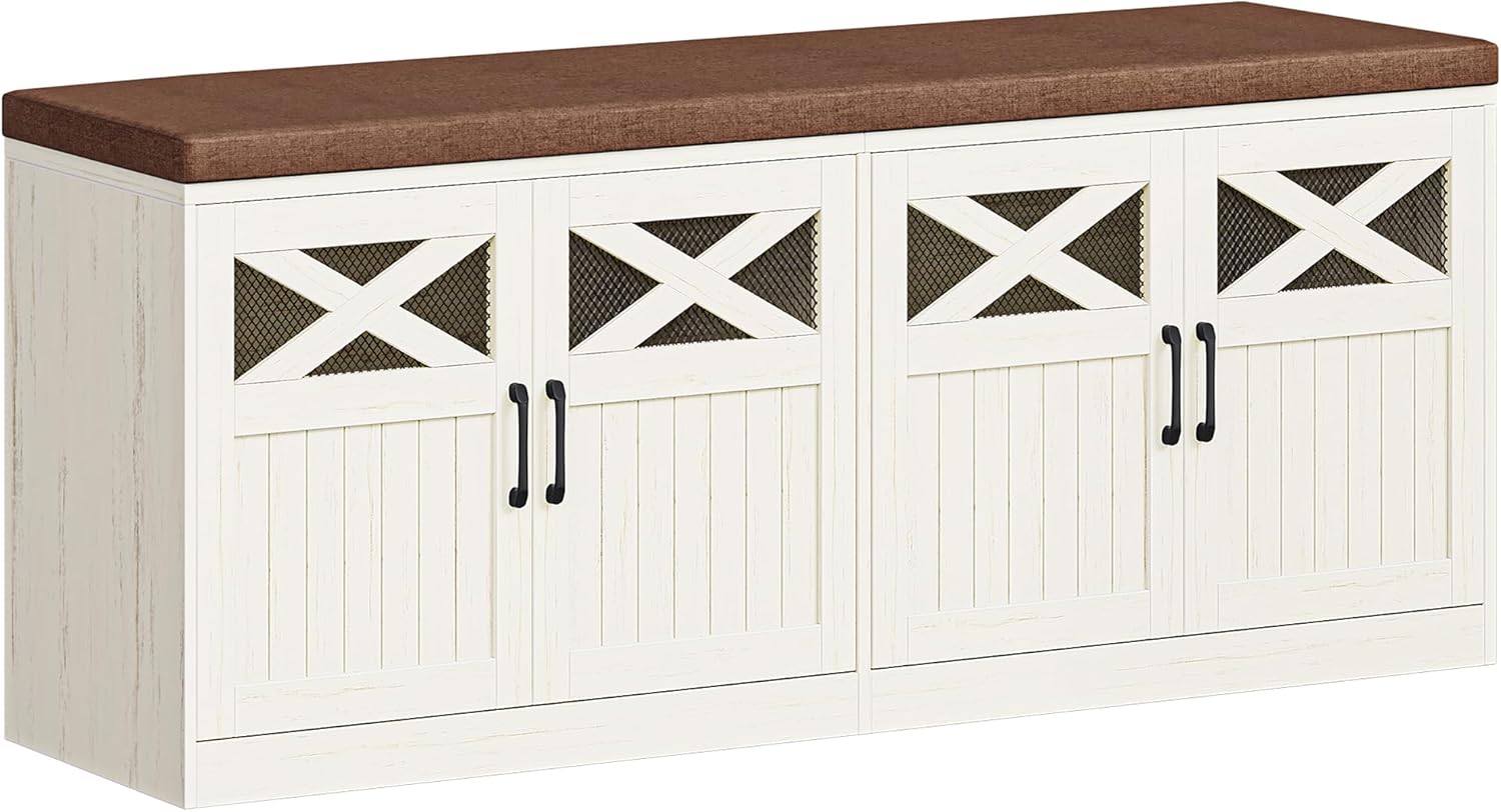 Hzuaneri 2 Tier Shoe Storage Bench with Doors, 47.2" Farmhouse Shoe Bench with Padded Cushion, 12 Pairs of Bed End Bench, Entryway Bench with Storage for Bedroom, Living Room, Rustic White SB61214KA
