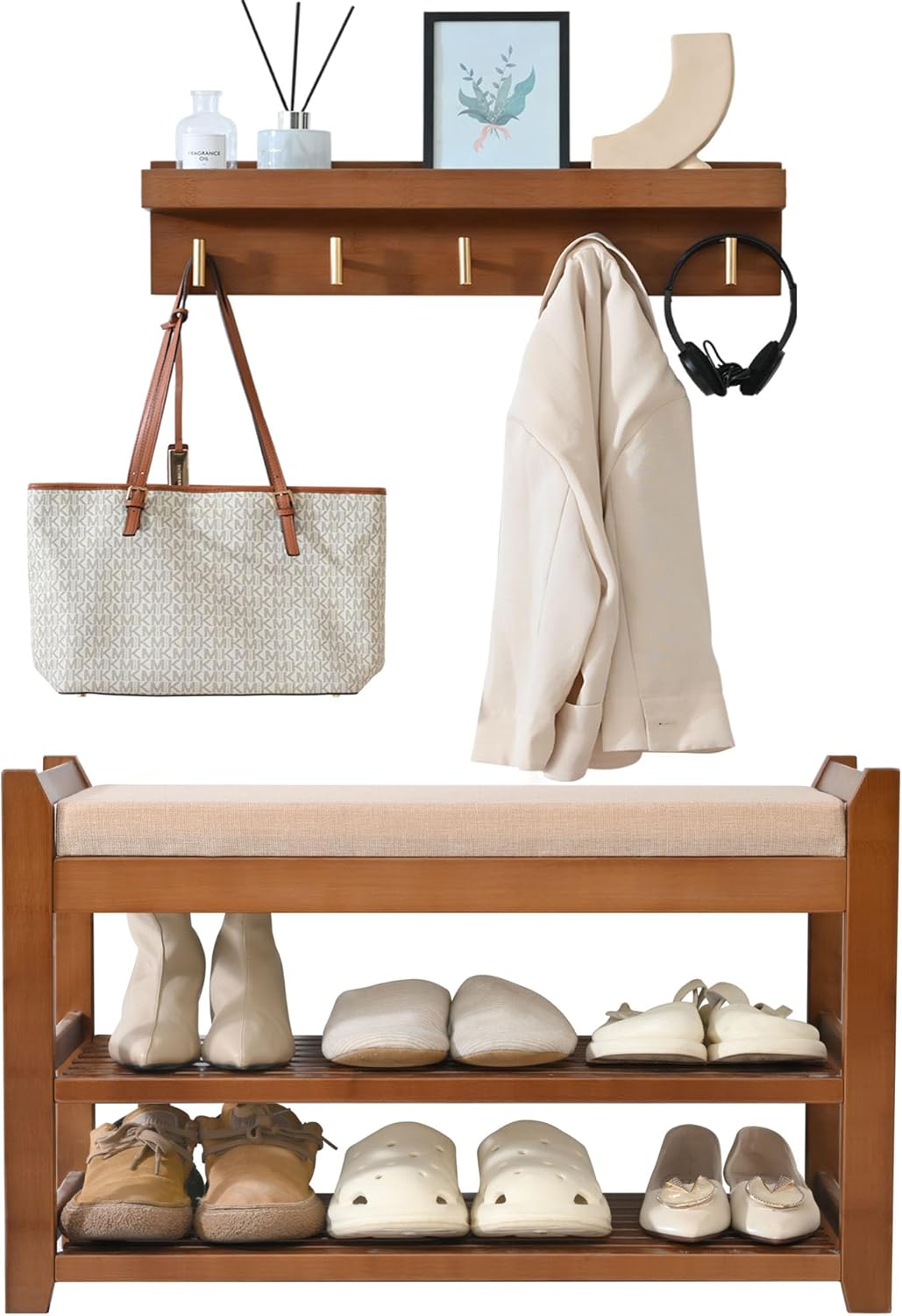 PETKABOO Shoe Rack for Front Door Entrance, 28” Entryway Bench with Coat Rack, Hall Tree Shoe Bench with Storage for Entry, Hallway, Bedroom, Living Room