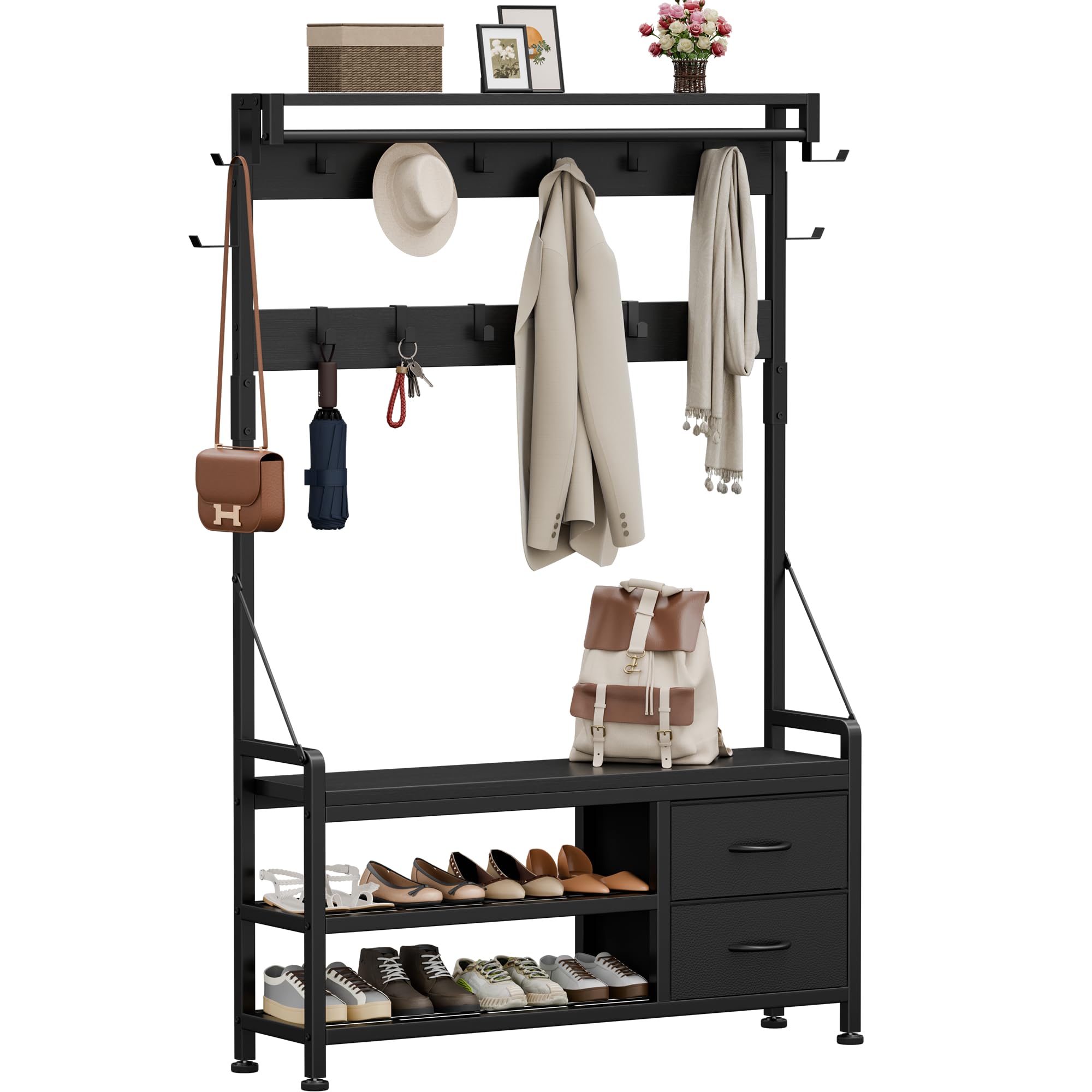 Lulive Hall Tree, 31.5” Entryway Bench with Coat Rack freestanding, 5 in 1 Intelligent Design Shoe Bench and Wall Rack 17 Hooks and Drawers (Rustic Brown)