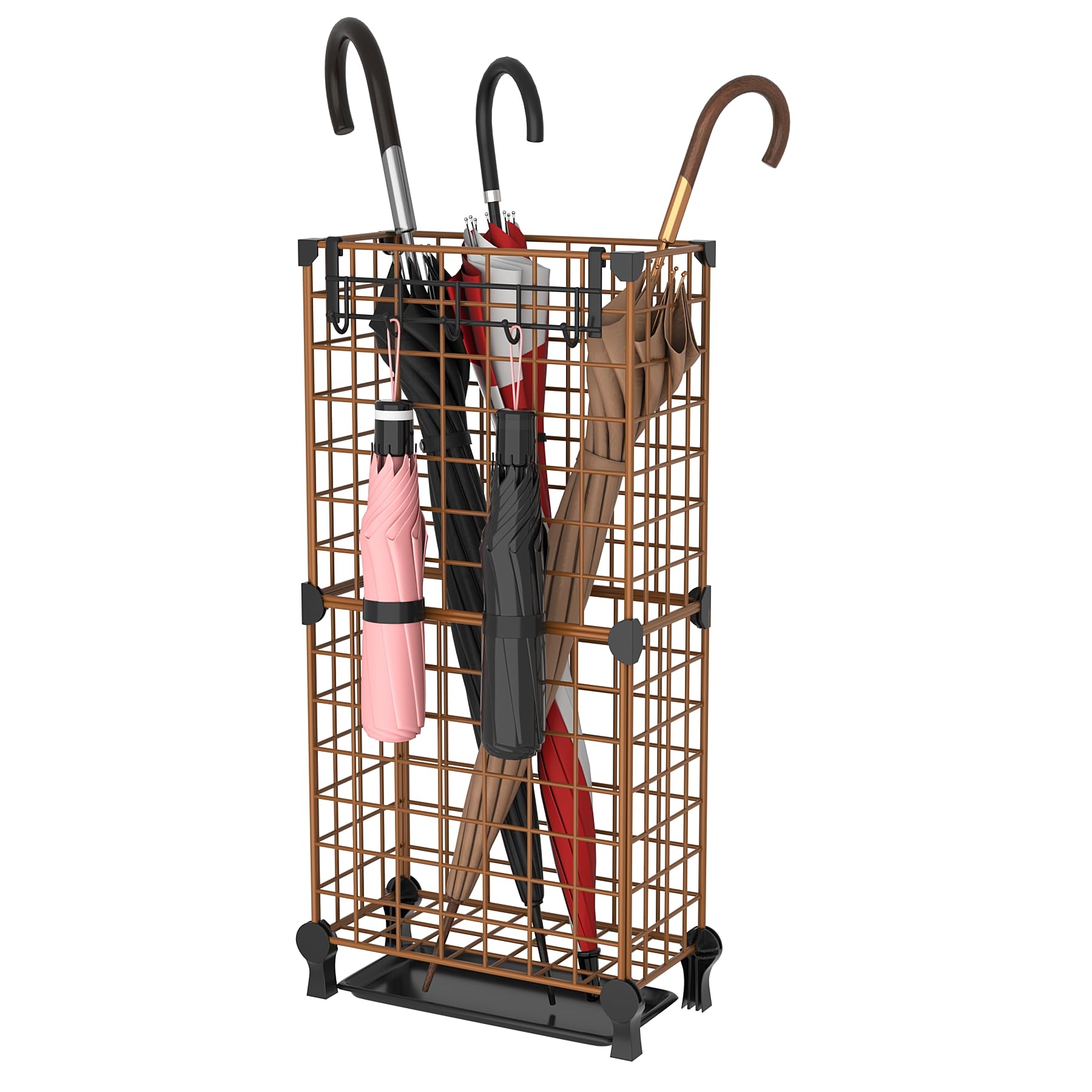 AWTATOS Umbrella Holder Entryway, Umbrella Stand Freestanding, Metal Square Umbrella Rack Organizer with a Removable Drip Tray, Hooks, Black
