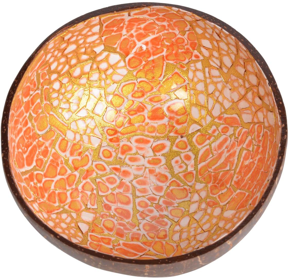 ChezMax Natural Coconut Bowl with Mother of Pearl Inlays - Key Bowl & Fruit Snack Holder (Blue-Gold)