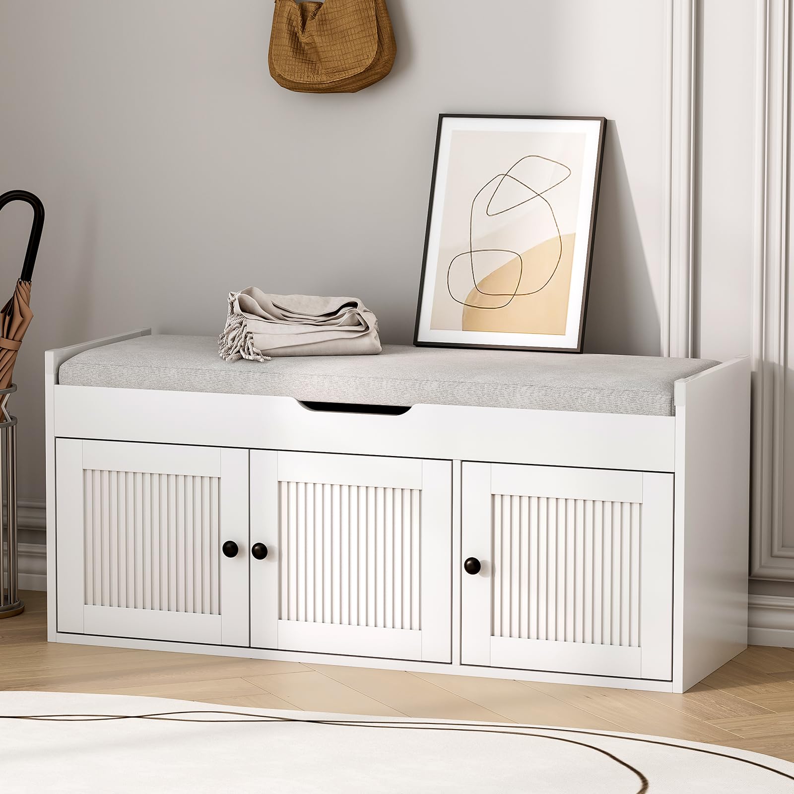 42.6" Storage Bench - Entryway Shoe Bench with Side Storage Shelves and 3 Doors, Multifunctional Entryway Bench with Lift Top Cushion, Shoe Storage Bench for Bedroom, Living Room, Blue