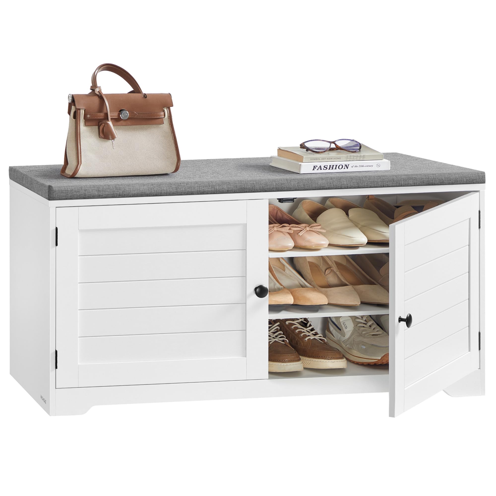 VASAGLE Shoe Storage Bench with Cushion, 3-Tier Entryway Bench with Padded Seat, Doors, Adjustable Shelves, 14 x 39.8 x 20.7 Inches, Hallway, Bedroom, Heather Greige and Cappuccino Beige ULSB044L01
