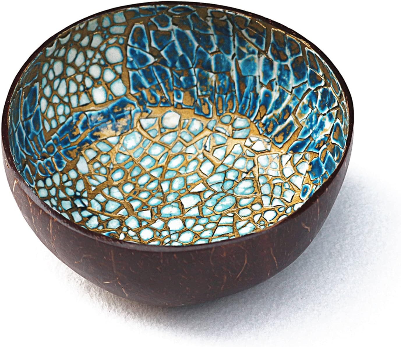 ChezMax Natural Coconut Bowl with Mother of Pearl Inlays - Key Bowl & Fruit Snack Holder (Blue-Gold)