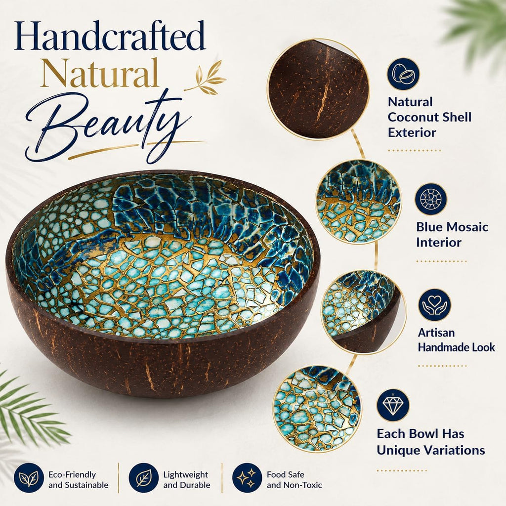 ChezMax Natural Coconut Bowl with Mother of Pearl Inlays - Key Bowl & Fruit Snack Holder (Blue-Gold)