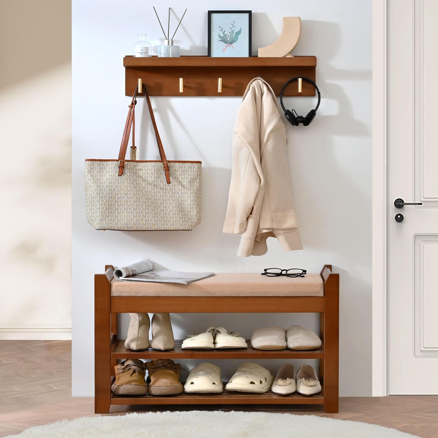 PETKABOO Shoe Rack for Front Door Entrance, 28” Entryway Bench with Coat Rack, Hall Tree Shoe Bench with Storage for Entry, Hallway, Bedroom, Living Room