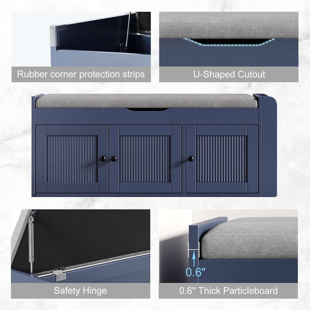42.6" Storage Bench - Entryway Shoe Bench with Side Storage Shelves and 3 Doors, Multifunctional Entryway Bench with Lift Top Cushion, Shoe Storage Bench for Bedroom, Living Room, Blue
