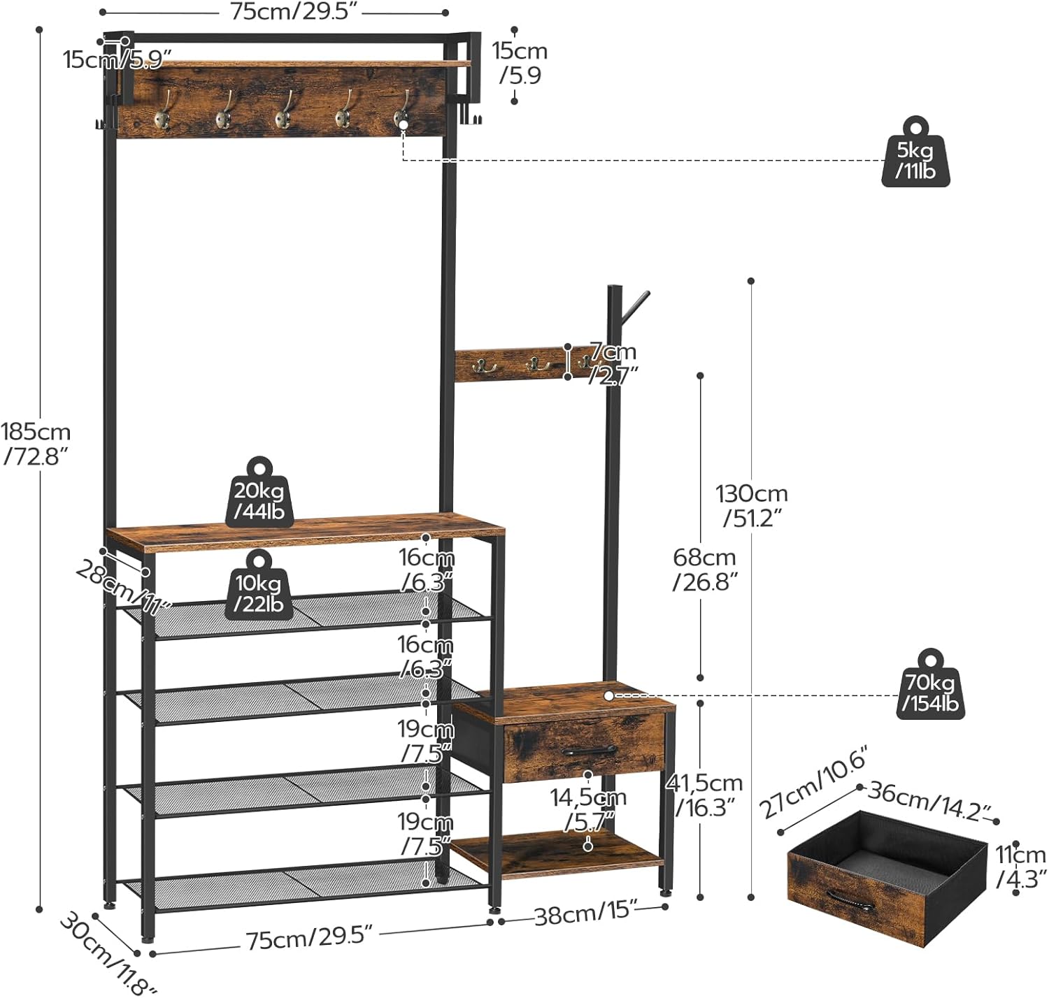 HOOBRO Hall Tree, Entryway Coat Rack Shoe Bench, Shoe and Coat Rack for Entryway, Hall Tree Coat Rack, with Non-Woven Fabric Drawer, for Entrance, Foyer, Rustic Brown and Black BF113MT01