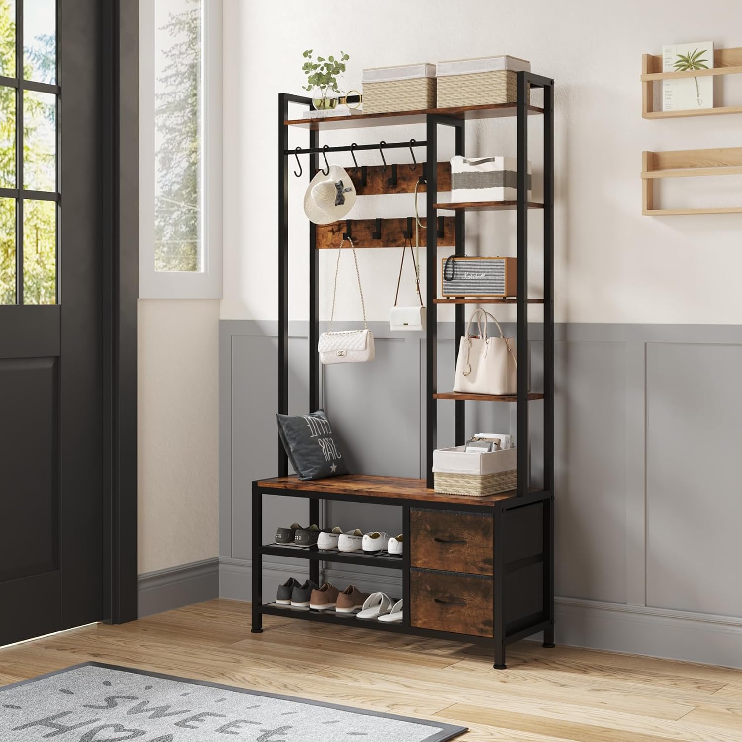 LUMTOK Hall Tree with Bench Storage and Shoes Storage, Hall Tree with Drawers and Shelves for Bedroom, 6-in-1 Entryway Organizer with Shelves, Living Room, Entryway, Closets (Rustic Brown)