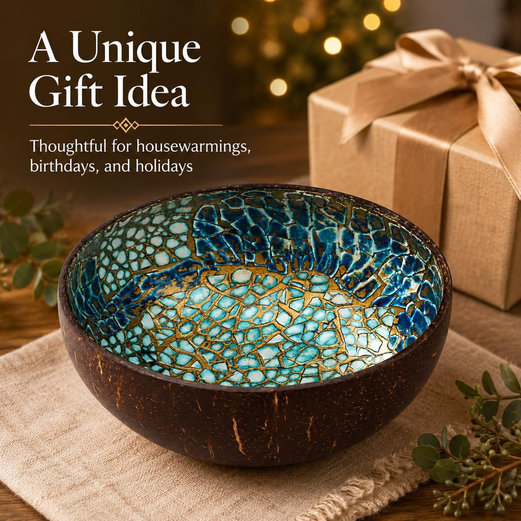 ChezMax Natural Coconut Bowl with Mother of Pearl Inlays - Key Bowl & Fruit Snack Holder (Blue-Gold)