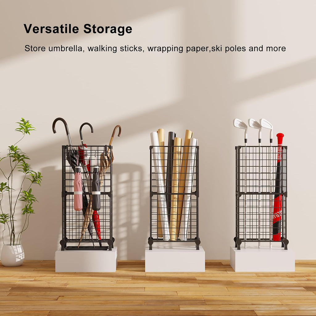 AWTATOS Umbrella Holder Entryway, Umbrella Stand Freestanding, Metal Square Umbrella Rack Organizer with a Removable Drip Tray, Hooks, Black