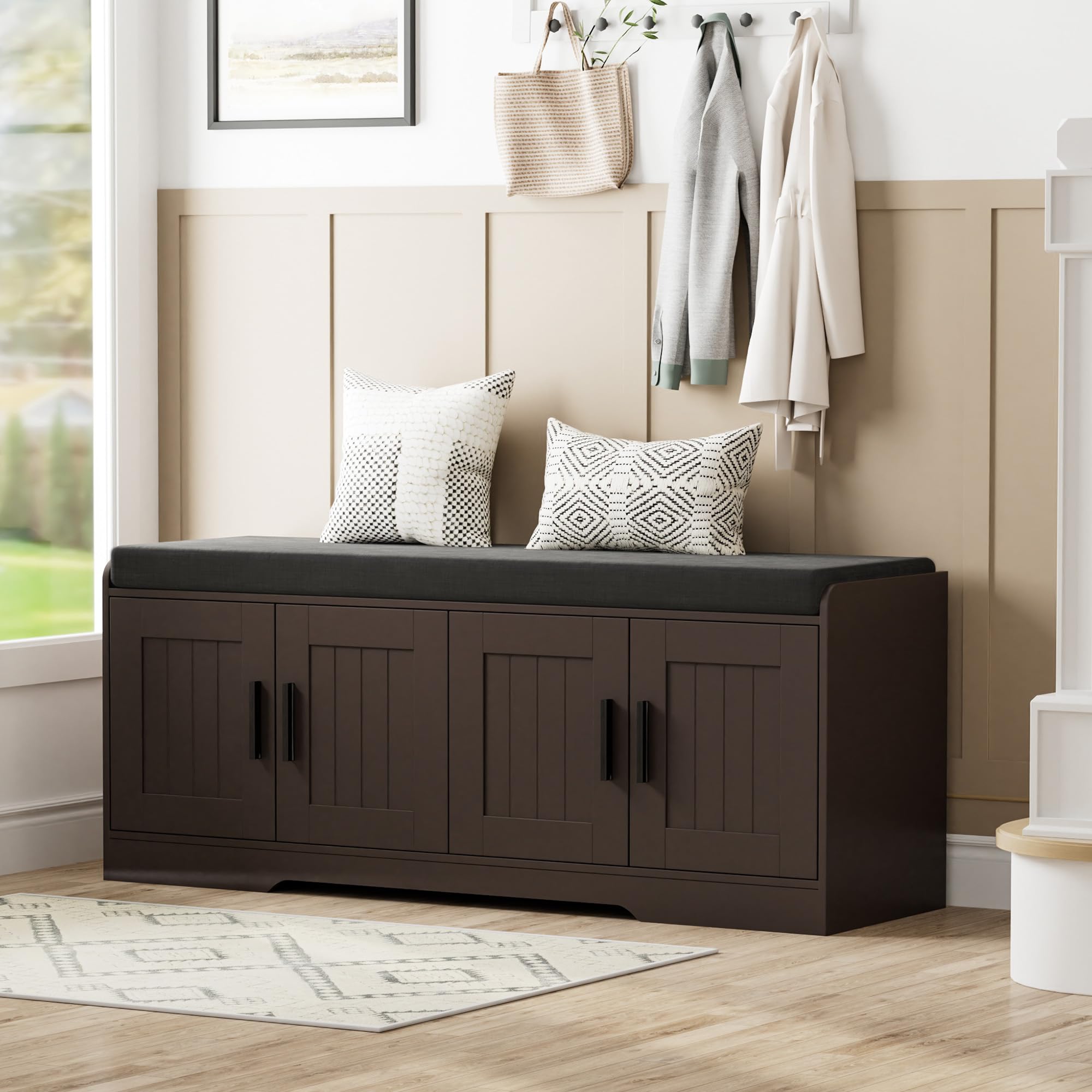 Homleke 2-Tier Storage Bench, Shoe Bench with Thickened Padded Seat Cushion, Entryway Bench with 2 Doors, Adjustable Shelf, 13.8" D x 37.4" W x 18.5" H, for Entryway, Living Room, Bedroom, White