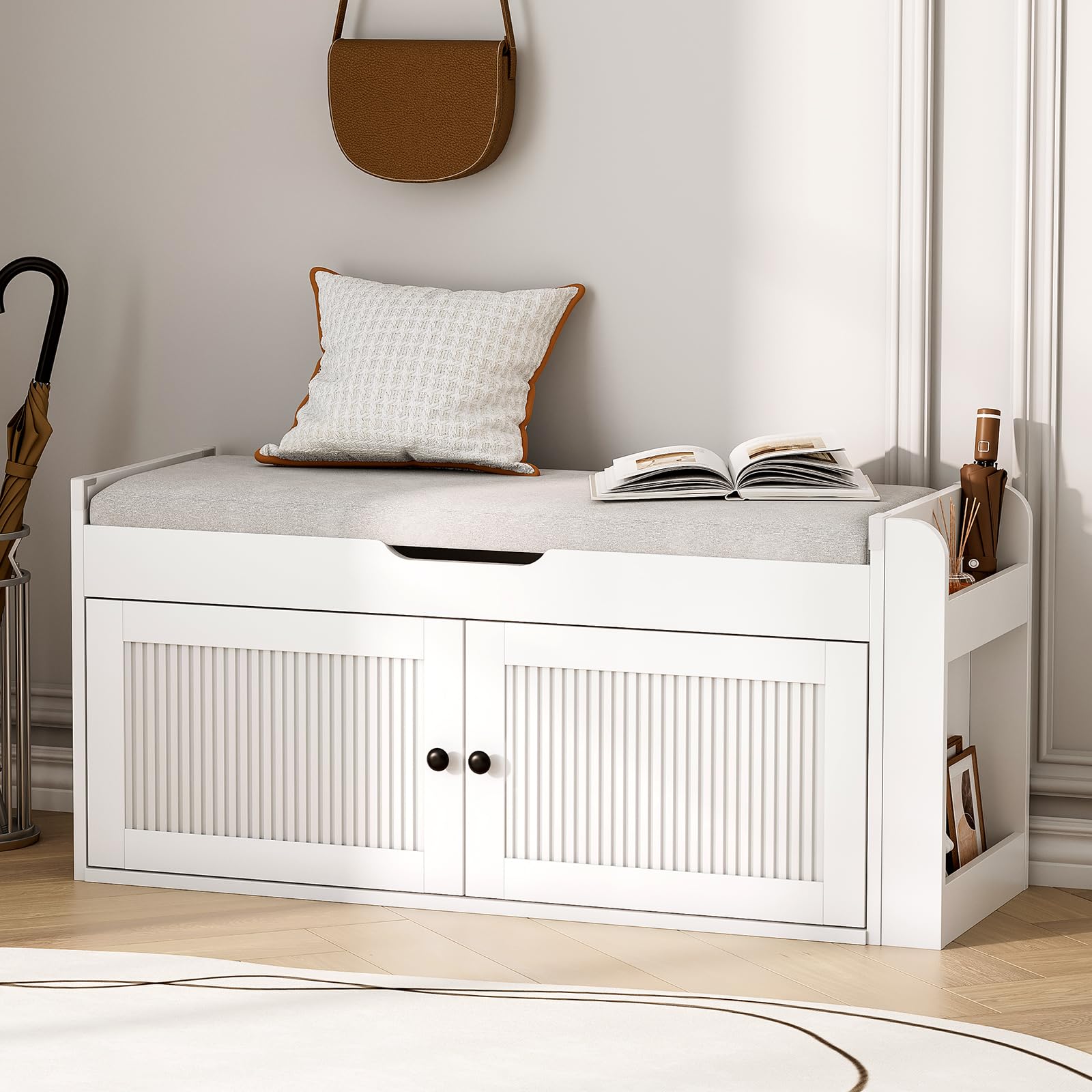 42.6" Storage Bench - Entryway Shoe Bench with Side Storage Shelves and 3 Doors, Multifunctional Entryway Bench with Lift Top Cushion, Shoe Storage Bench for Bedroom, Living Room, Blue