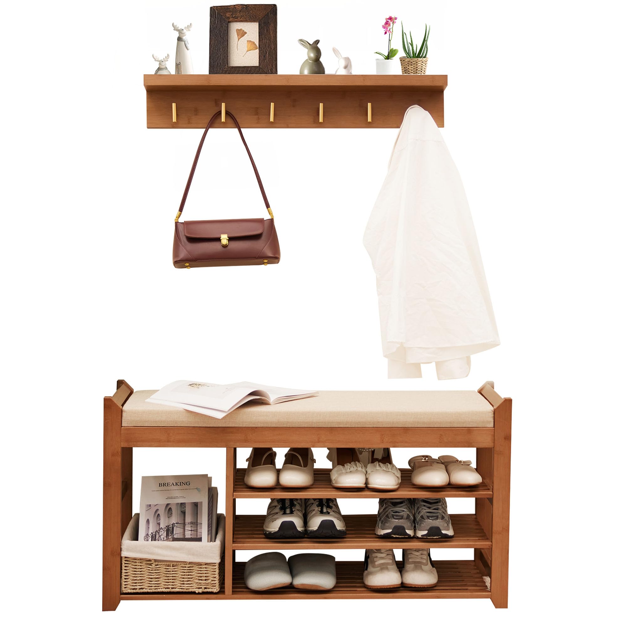PETKABOO Shoe Rack for Front Door Entrance, 28” Entryway Bench with Coat Rack, Hall Tree Shoe Bench with Storage for Entry, Hallway, Bedroom, Living Room