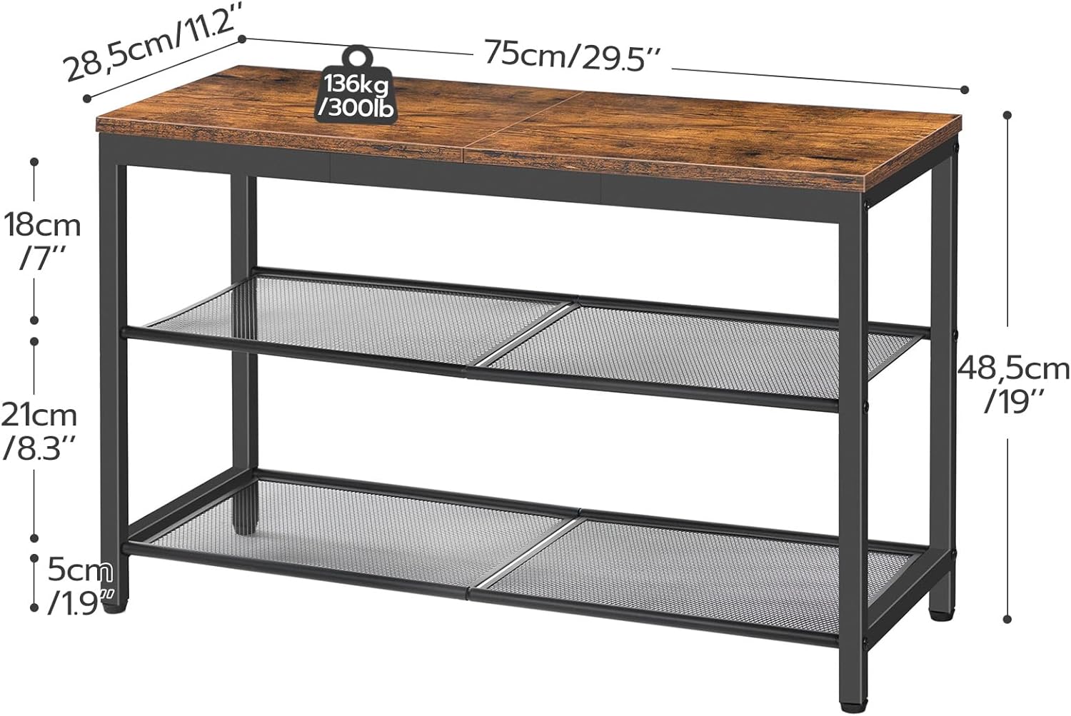 HOOBRO Shoe Bench, 3-Tier Shoe Rack, Industrial Shoe Organizer Storage Bench, 29.5 inches Entry Bench with Mesh Shelves, for Entryway, Living Room, Hallway, Easy Assembly, Rustic Brown BF75HX01